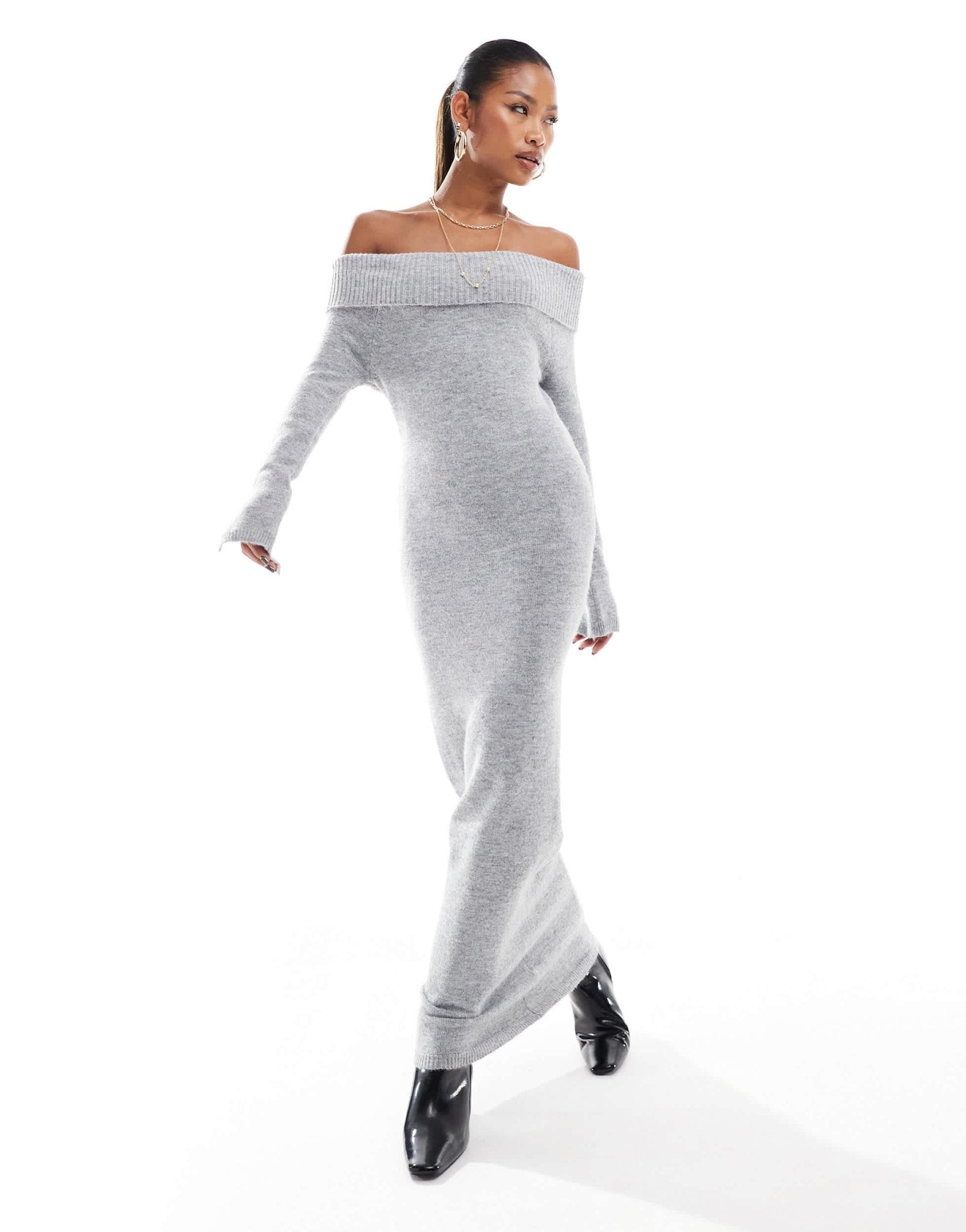 Aria Cove knitted bardot fold over maxi jumper dress in grey marl - ASOS Sample Sale