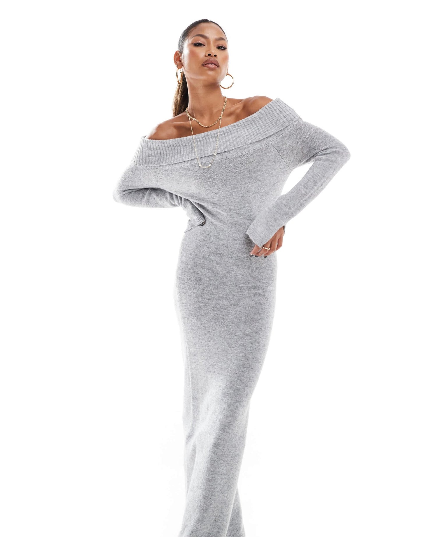 Aria Cove knitted bardot fold over maxi jumper dress in grey marl - ASOS Sample Sale