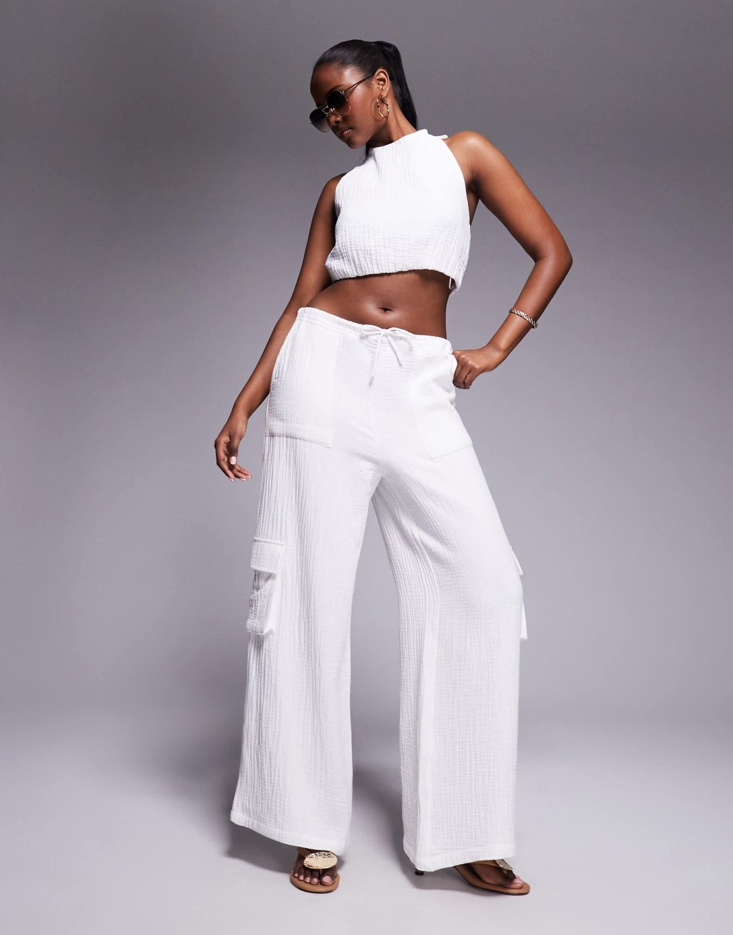 Aria Cove linen blend cropped halterneck beach top co-ord in white - ASOS Sample Sale