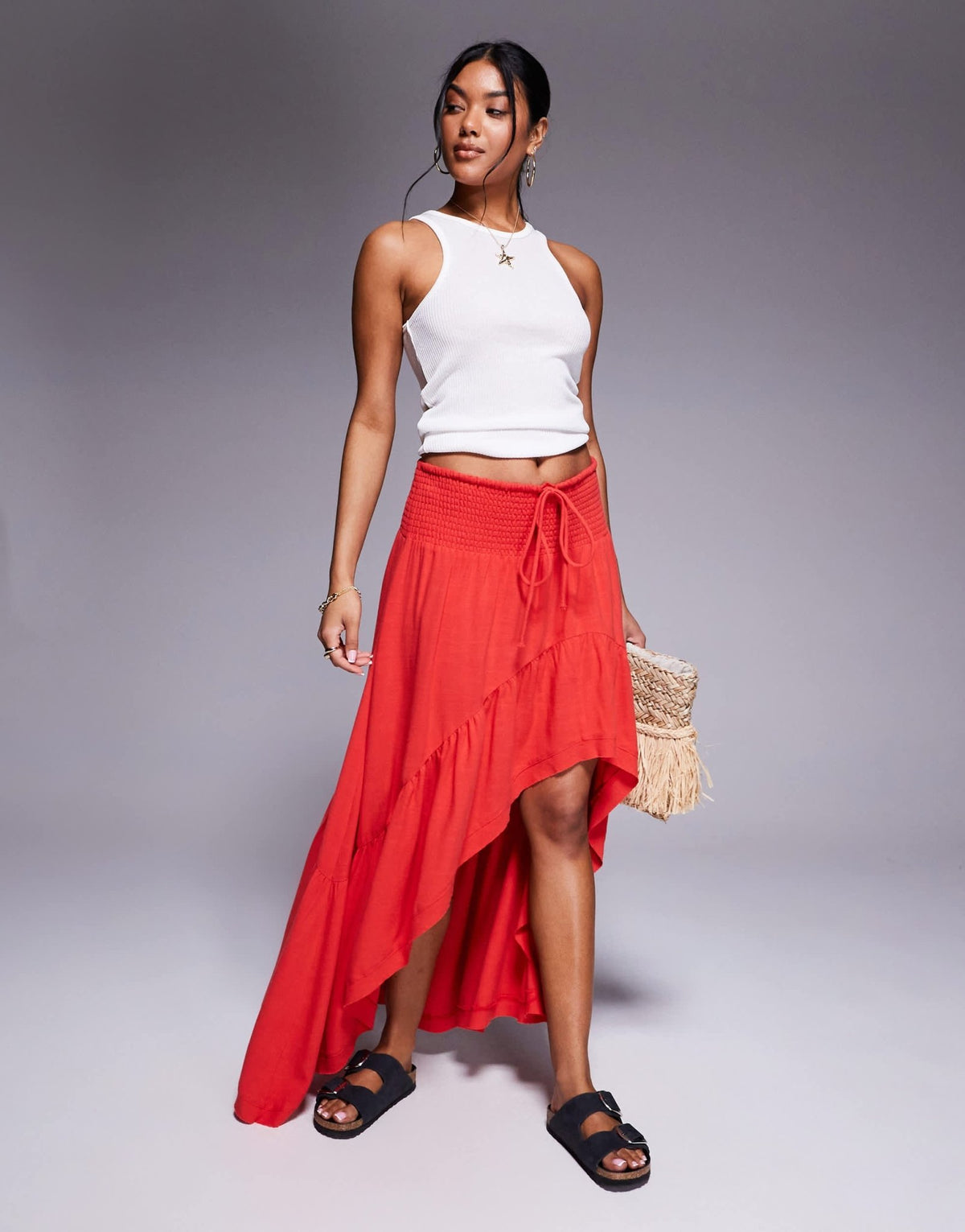 Aria Cove linen blend high low shirred waist maxi skirt in red - ASOS Sample Sale