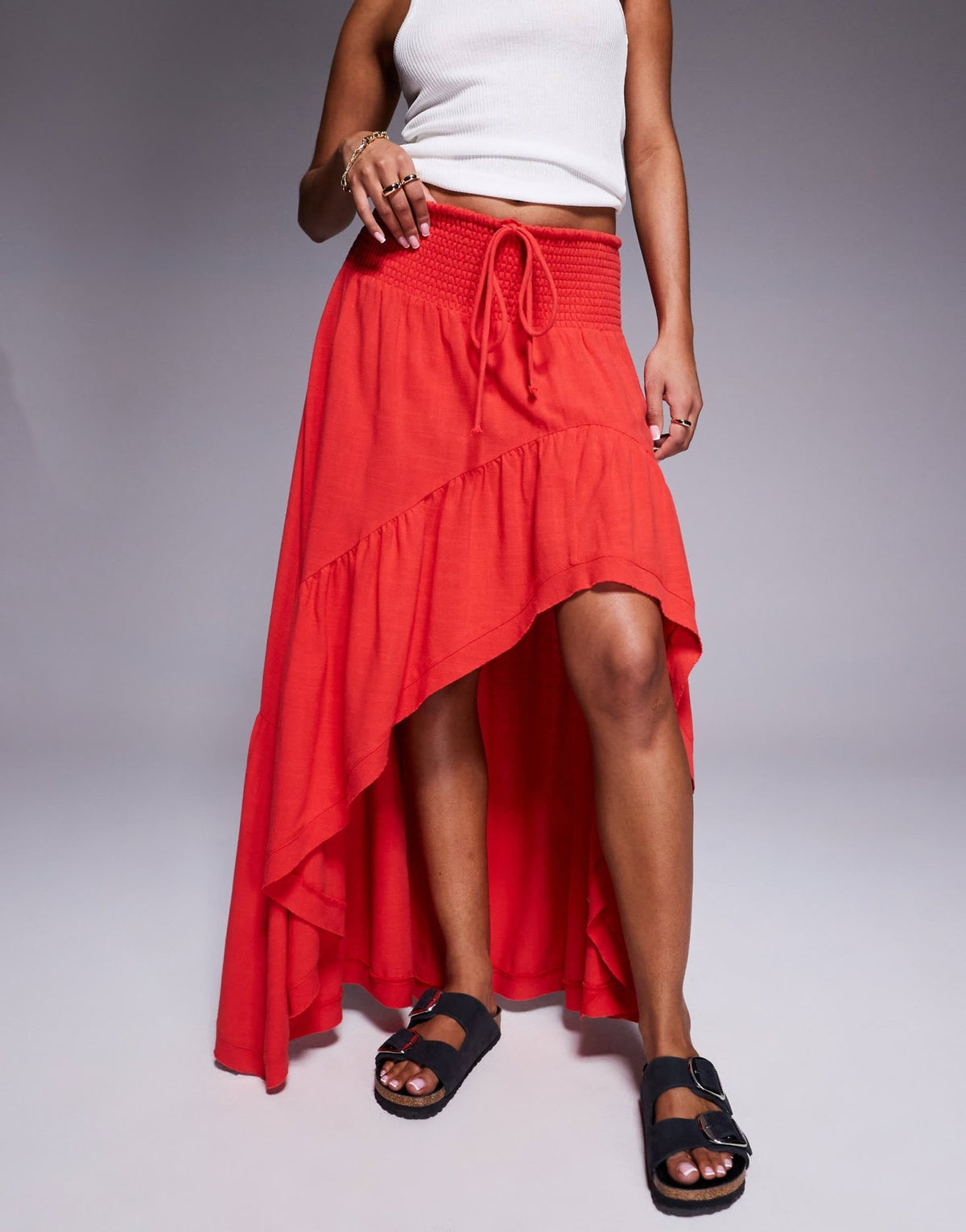 Aria Cove linen blend high low shirred waist maxi skirt in red - ASOS Sample Sale