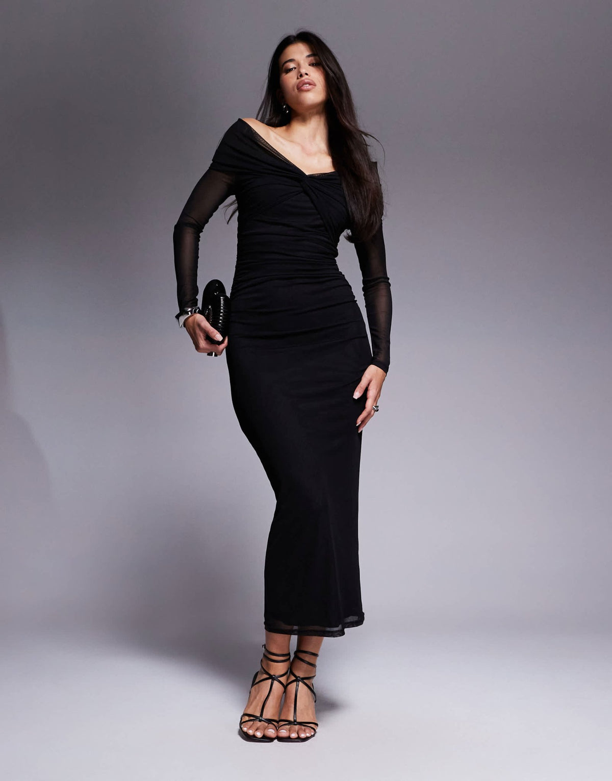 Aria Cove mesh twist front bardot long sleeve maxi dress in black - ASOS Sample Sale