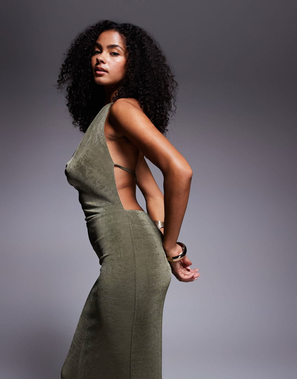 Aria Cove slinky deep cowl neck open tie back maxi dress in khaki - ASOS Sample Sale