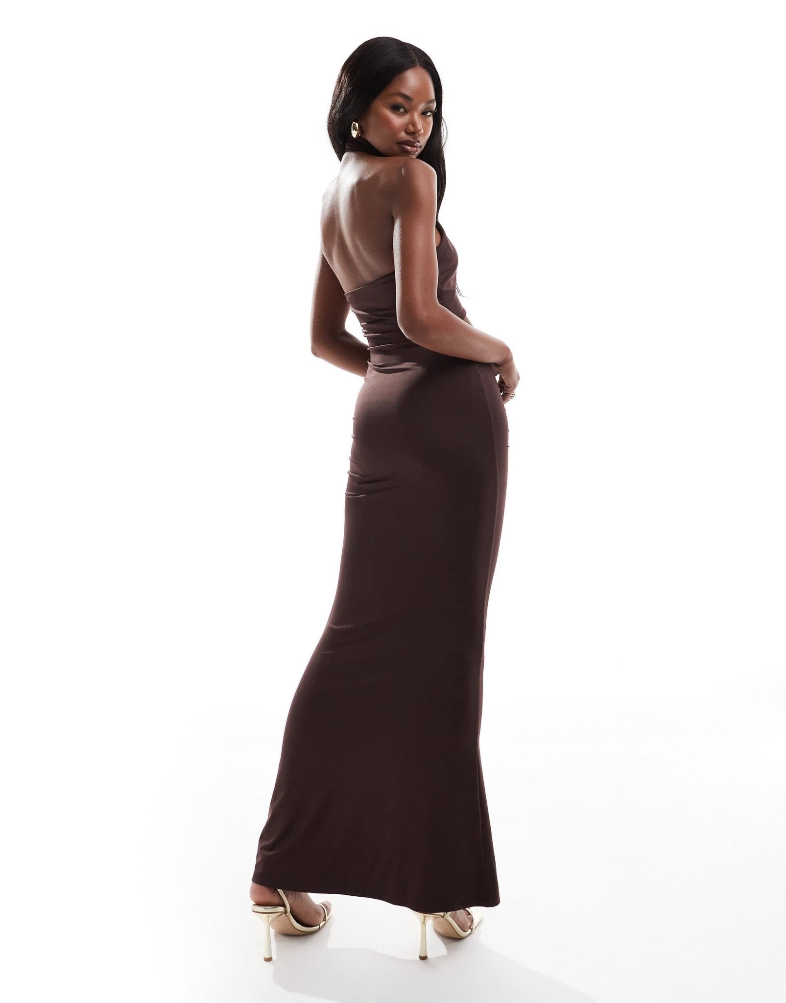 Aria Cove slinky halter neck cut out detail maxi dress in chocolate - ASOS Sample Sale