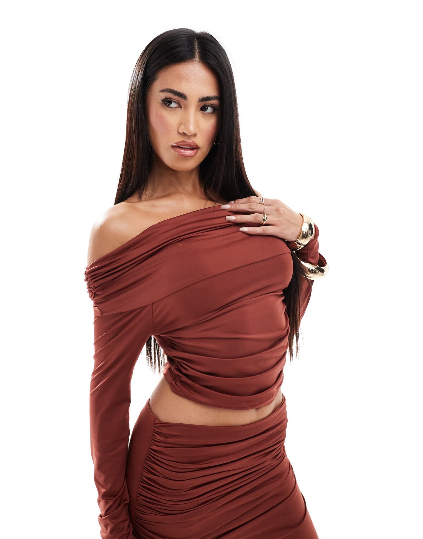 Aria Cove slinky ruched bardot long sleeve top co - ord in rust - ASOS Sample Sale