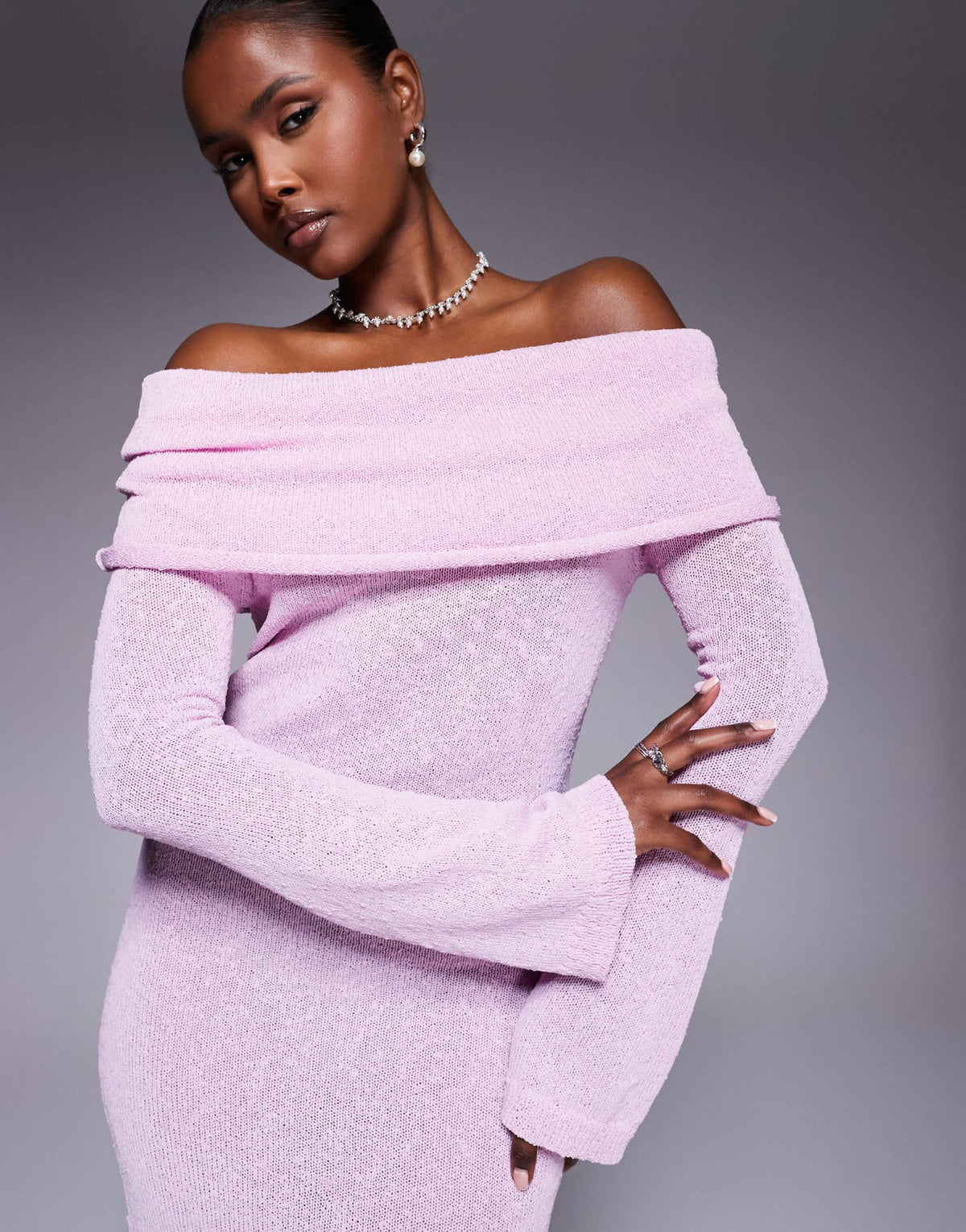 Aria Cove textured boucle knit ruched bardot foldover mini dress in pink - ASOS Sample Sale