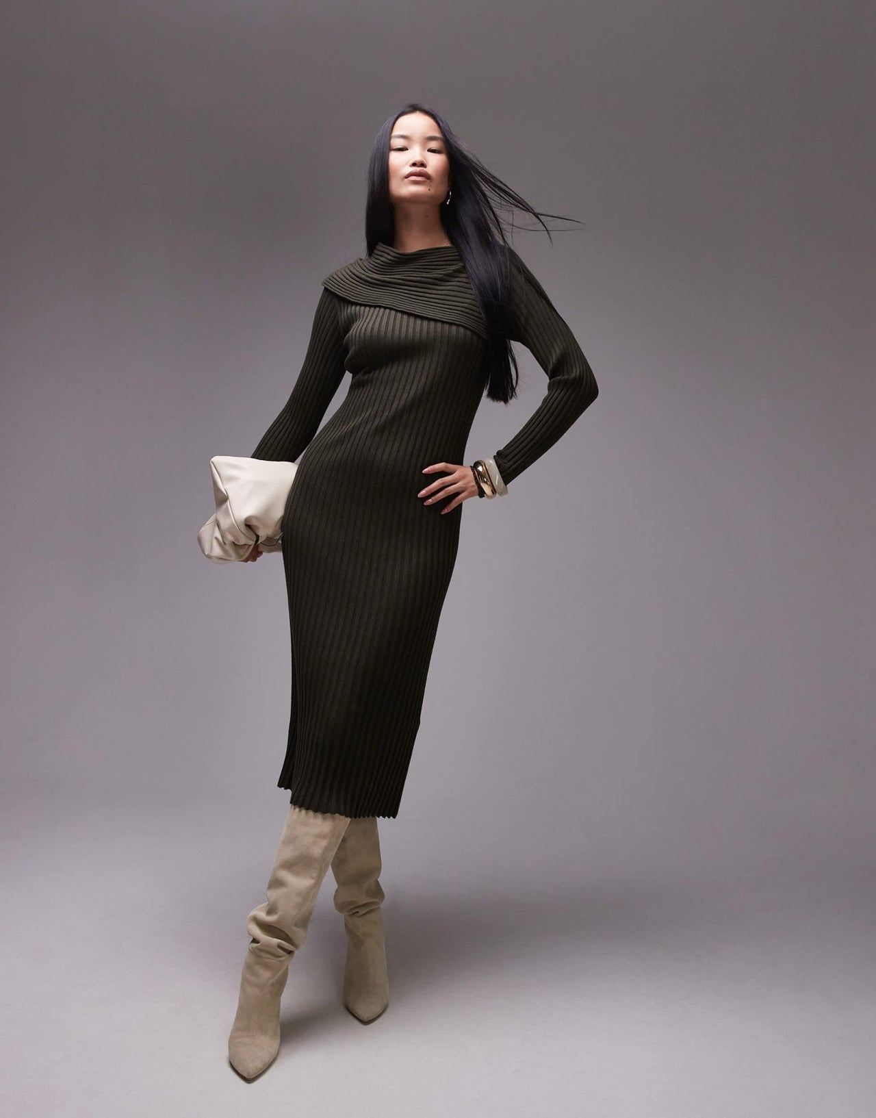 ARKET asymmetric shoulder knitted midi dress in khaki green - ASOS Sample Sale