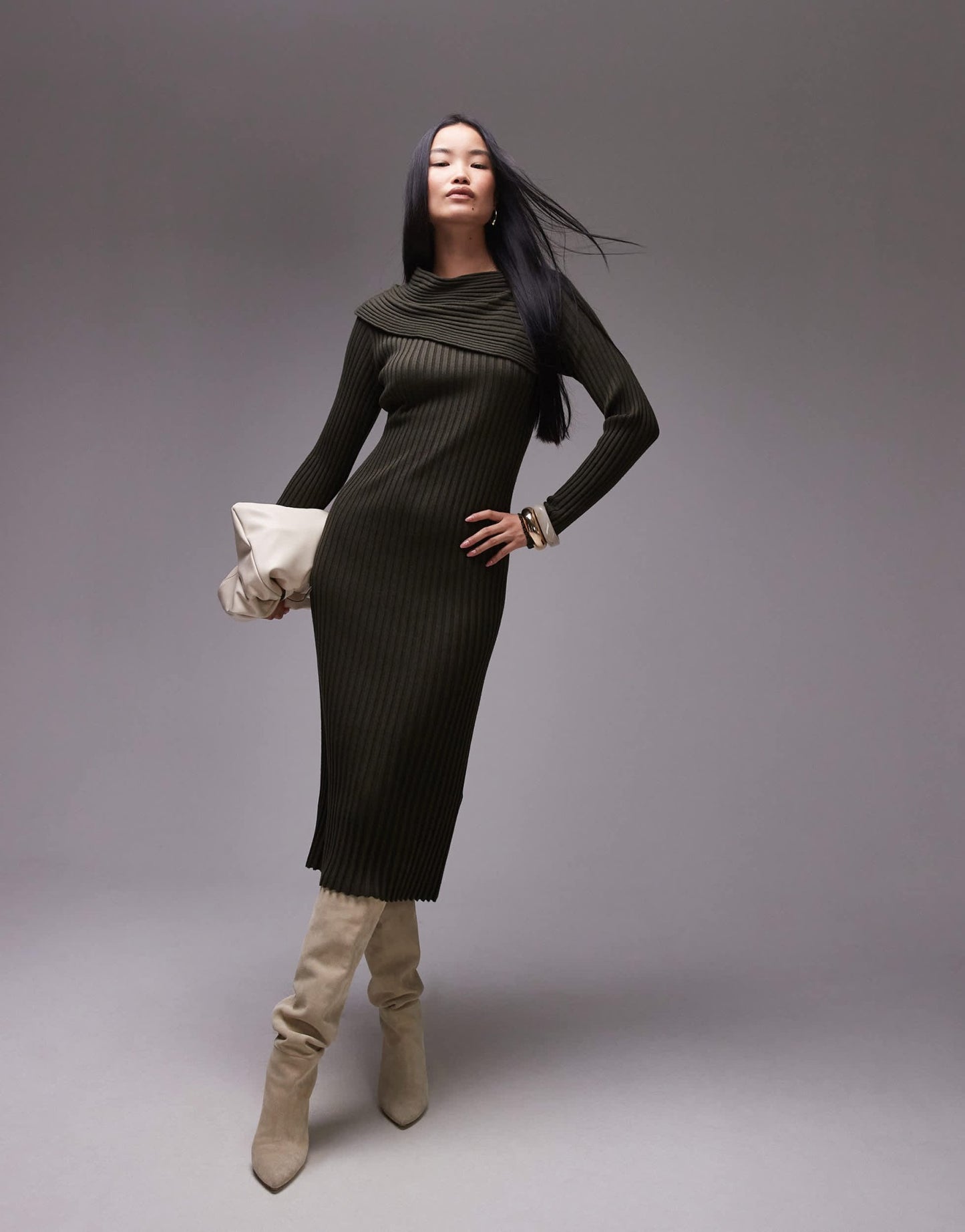 ARKET asymmetric shoulder knitted midi dress in khaki green - ASOS Sample Sale