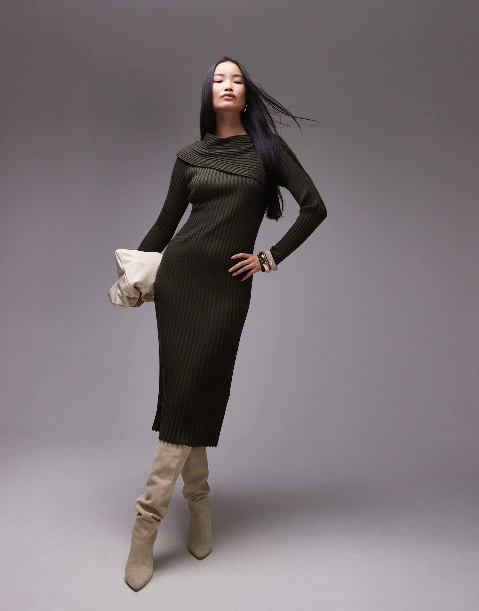 ARKET asymmetric shoulder knitted midi dress in khaki green - ASOS Sample Sale