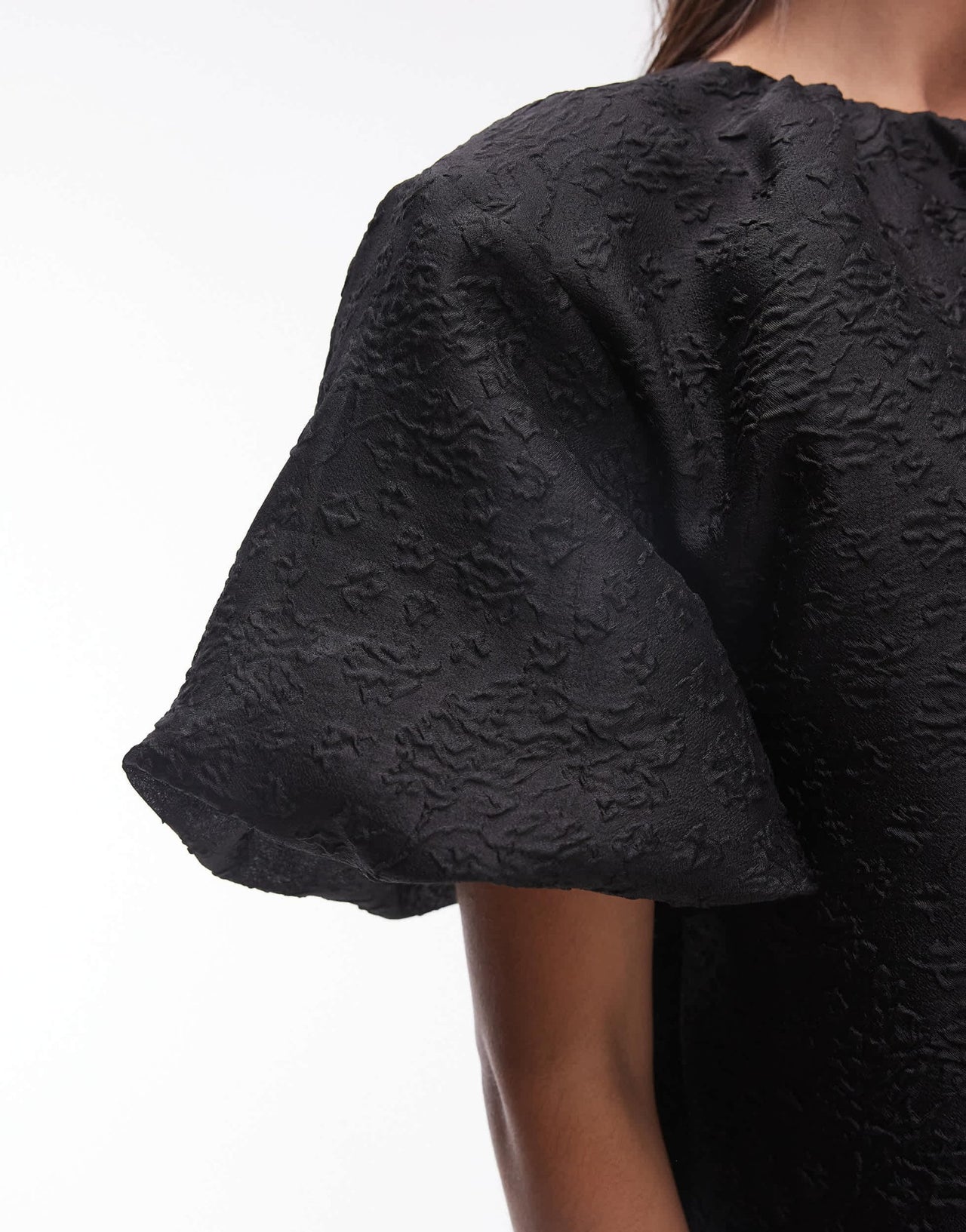 ARKET brocade mini dress with ruched neckline and puff short sleeves in black - ASOS Sample Sale