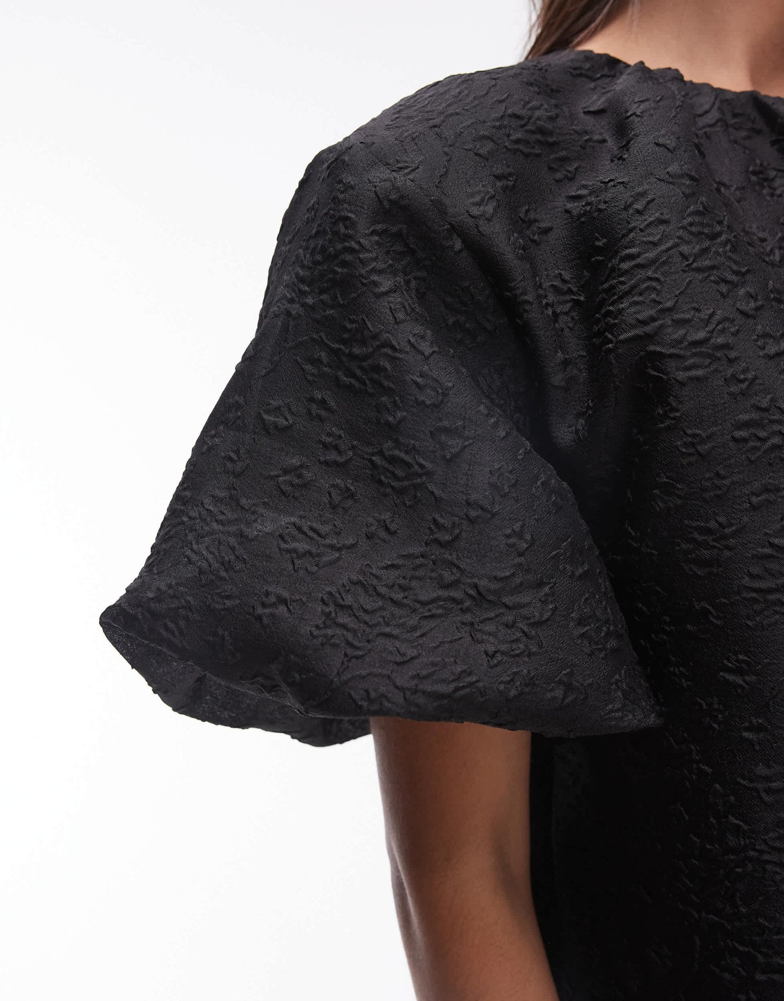 ARKET brocade mini dress with ruched neckline and puff short sleeves in black - ASOS Sample Sale