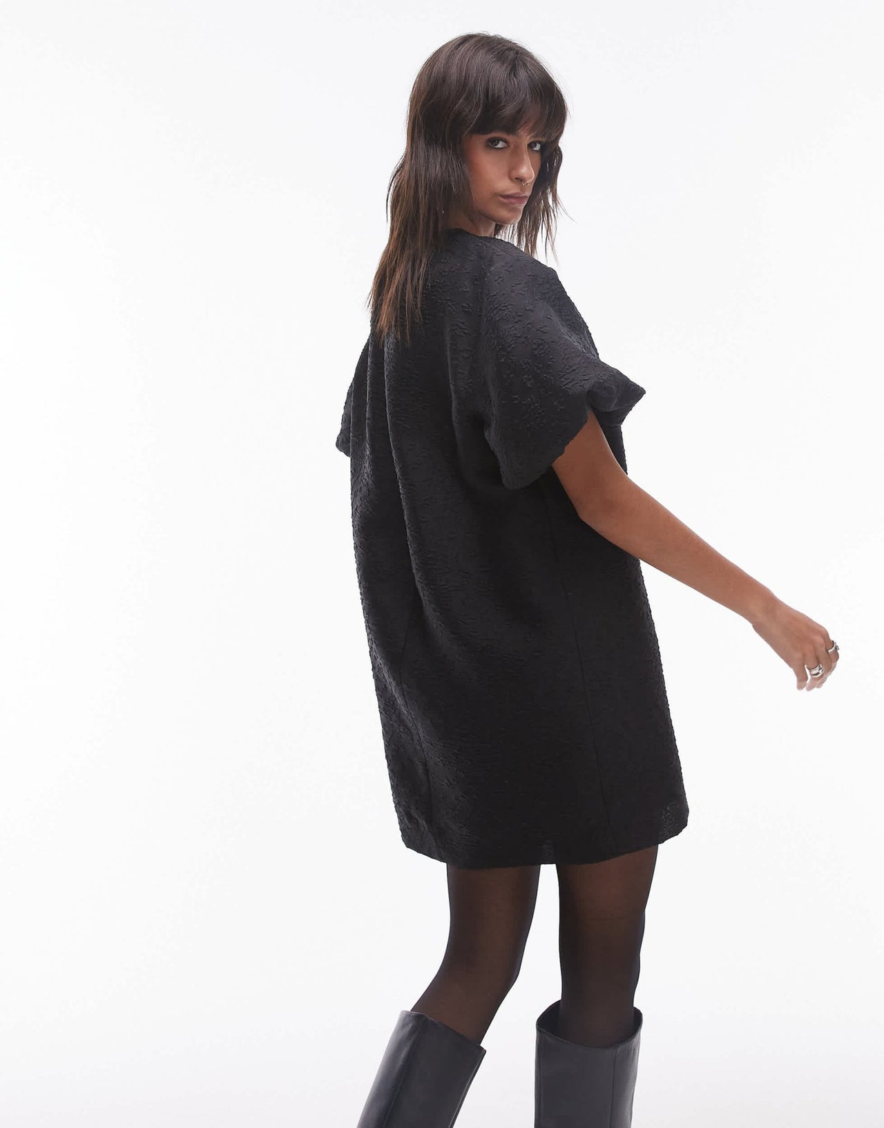 ARKET brocade mini dress with ruched neckline and puff short sleeves in black - ASOS Sample Sale