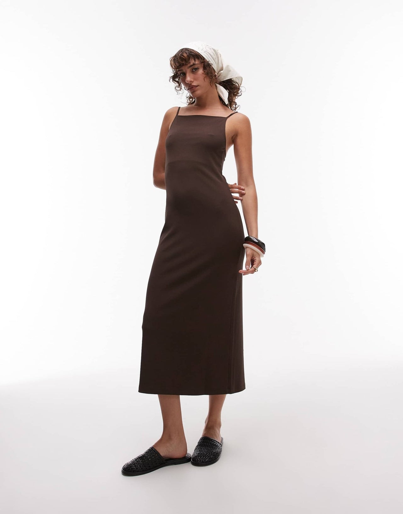 ARKET compact rib square neck sleeveless midi dress in chocolate brown - ASOS Sample Sale