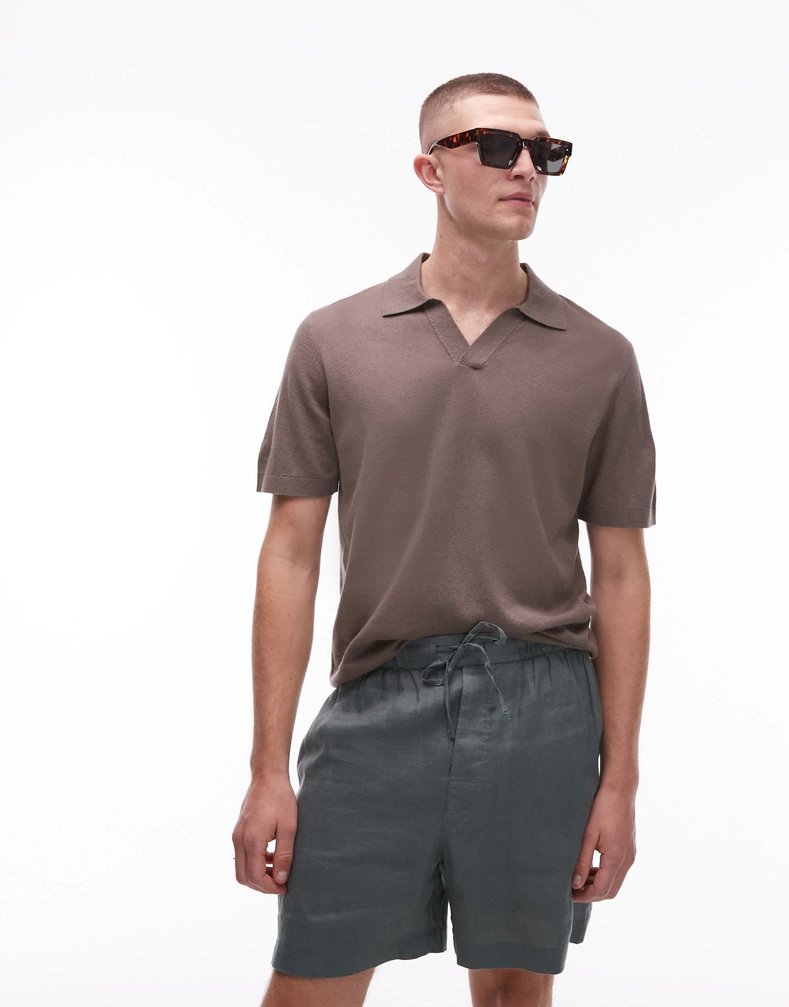 ARKET cotton linen knitted shirt sleeve polo shirt in light brown - ASOS Sample Sale