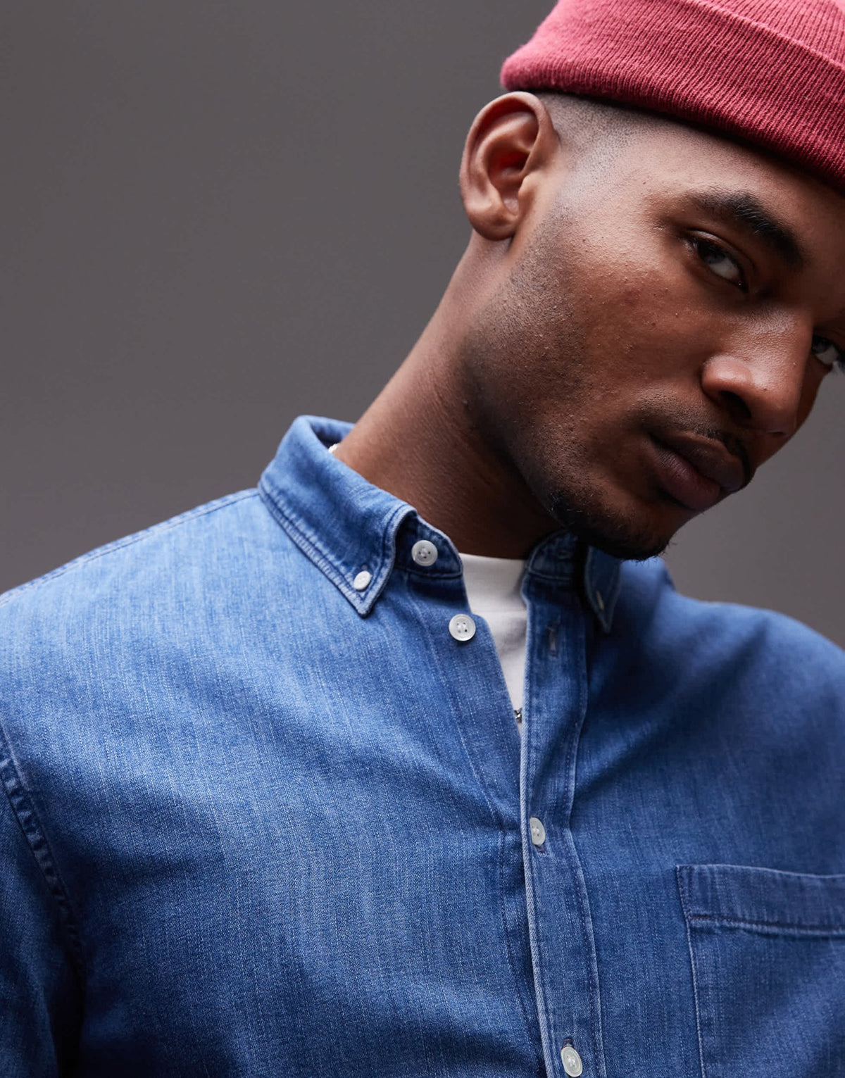 ARKET denim chambray shirt with button collar in dark wash blue - ASOS Sample Sale