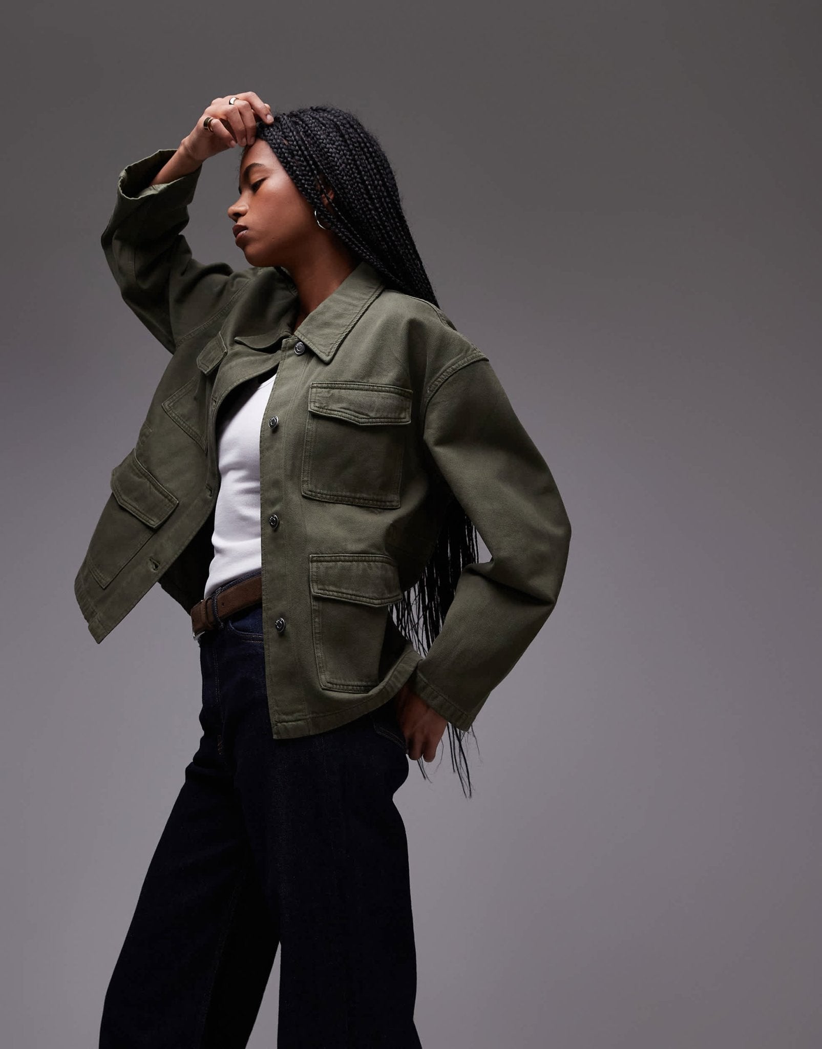 ARKET denim jacket with patch pockets and cinch back in washed khaki - ASOS Sample Sale