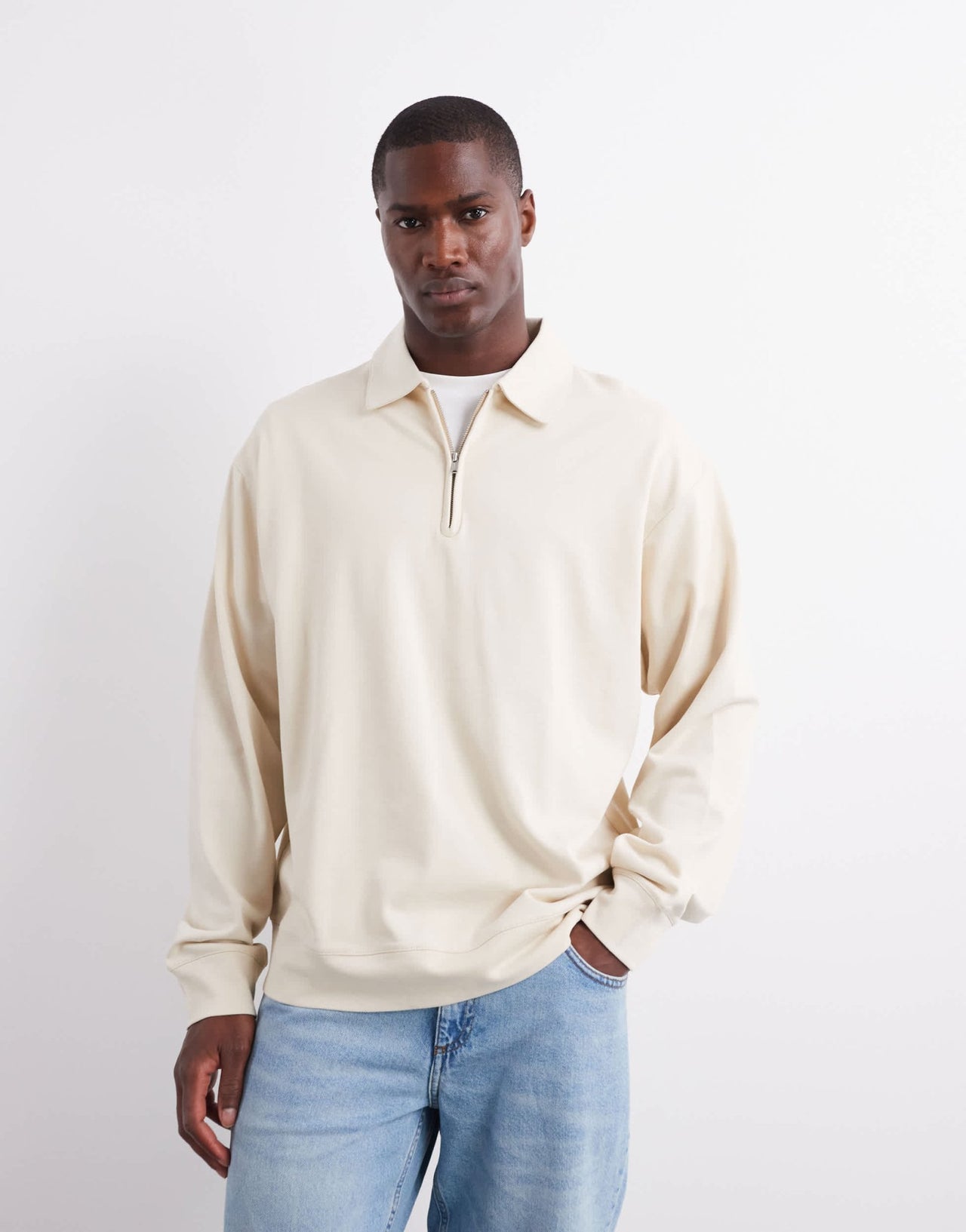 ARKET half zip jersey top with polo collar in beige - ASOS Sample Sale
