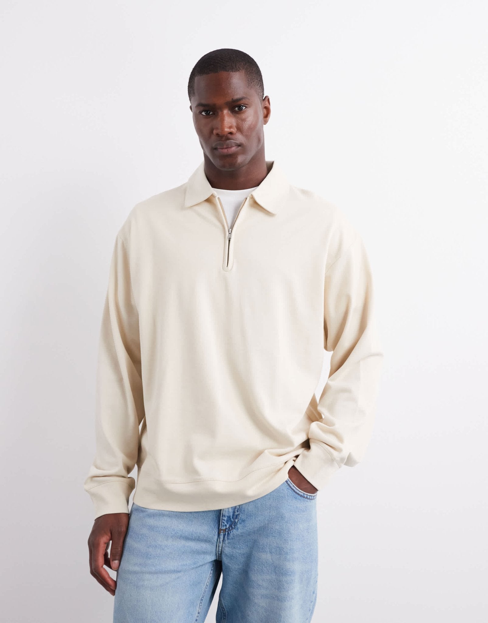 ARKET half zip jersey top with polo collar in beige - ASOS Sample Sale