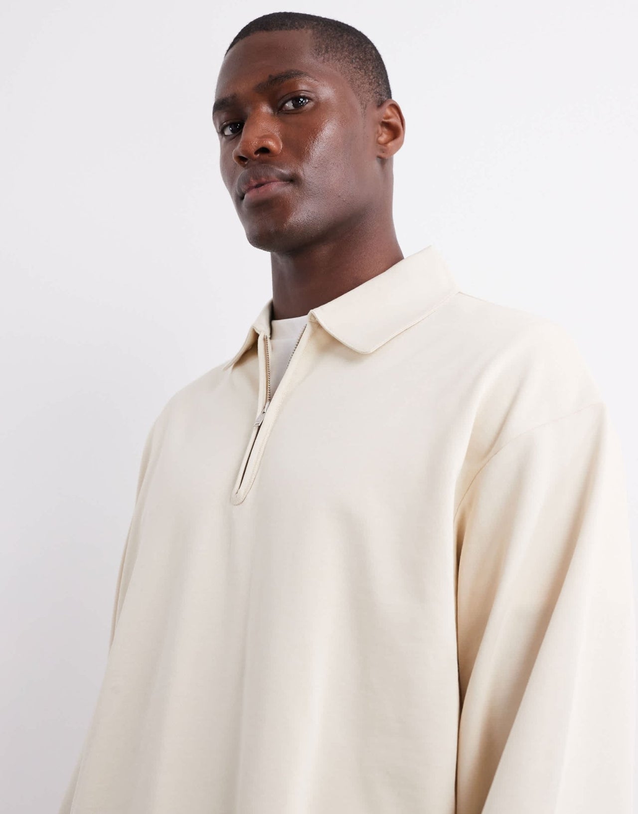 ARKET half zip jersey top with polo collar in beige - ASOS Sample Sale