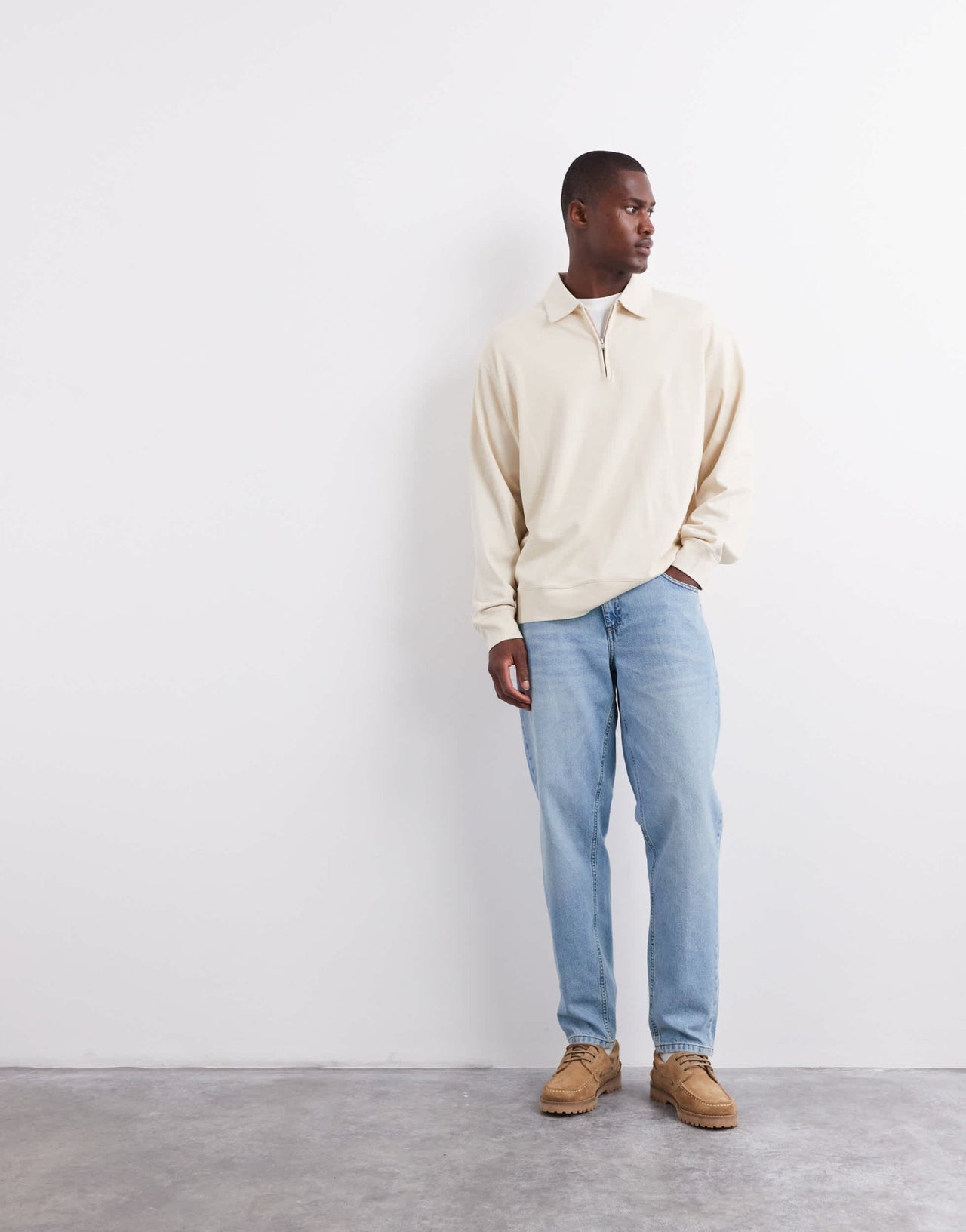 ARKET half zip jersey top with polo collar in beige - ASOS Sample Sale