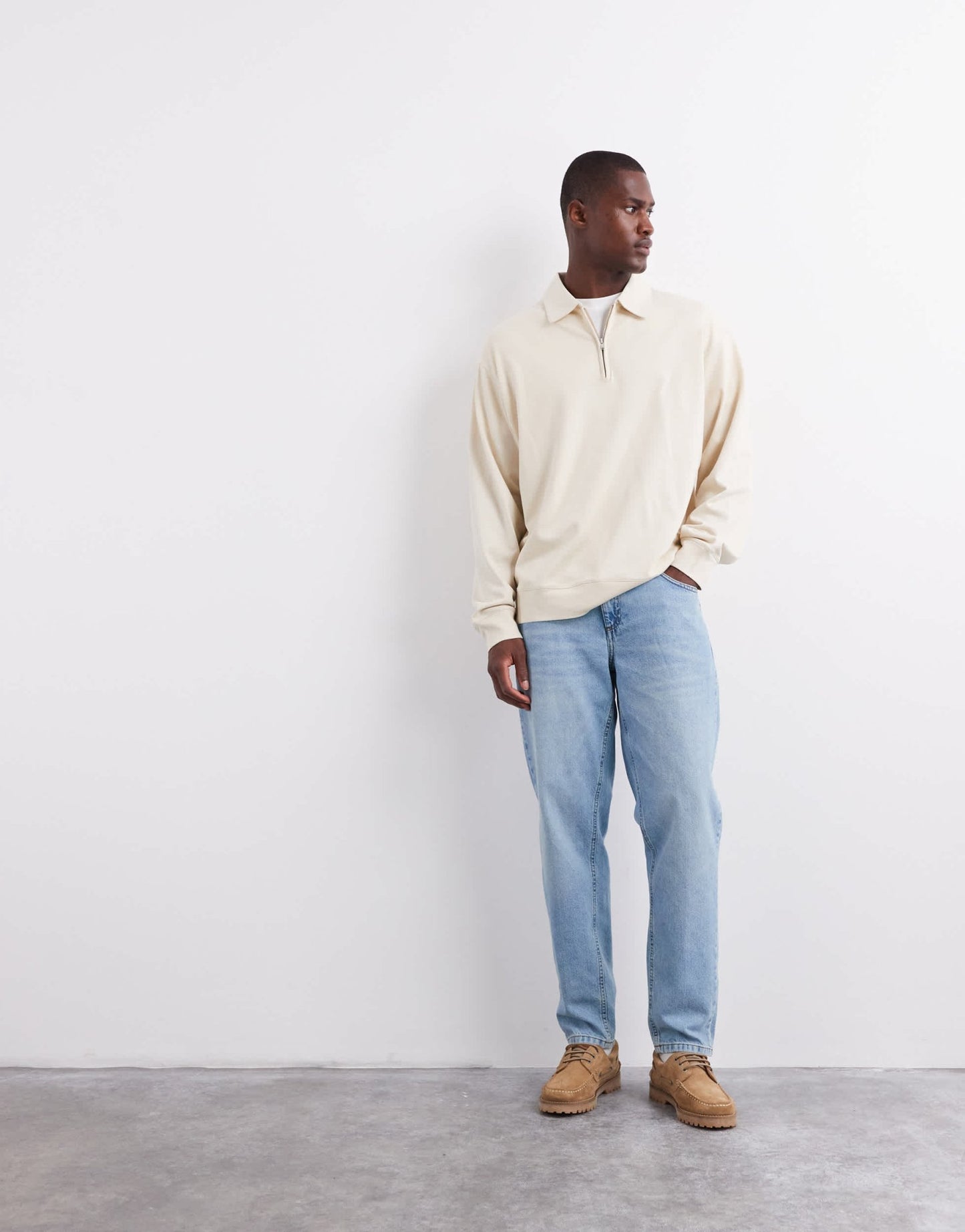 ARKET half zip jersey top with polo collar in beige - ASOS Sample Sale
