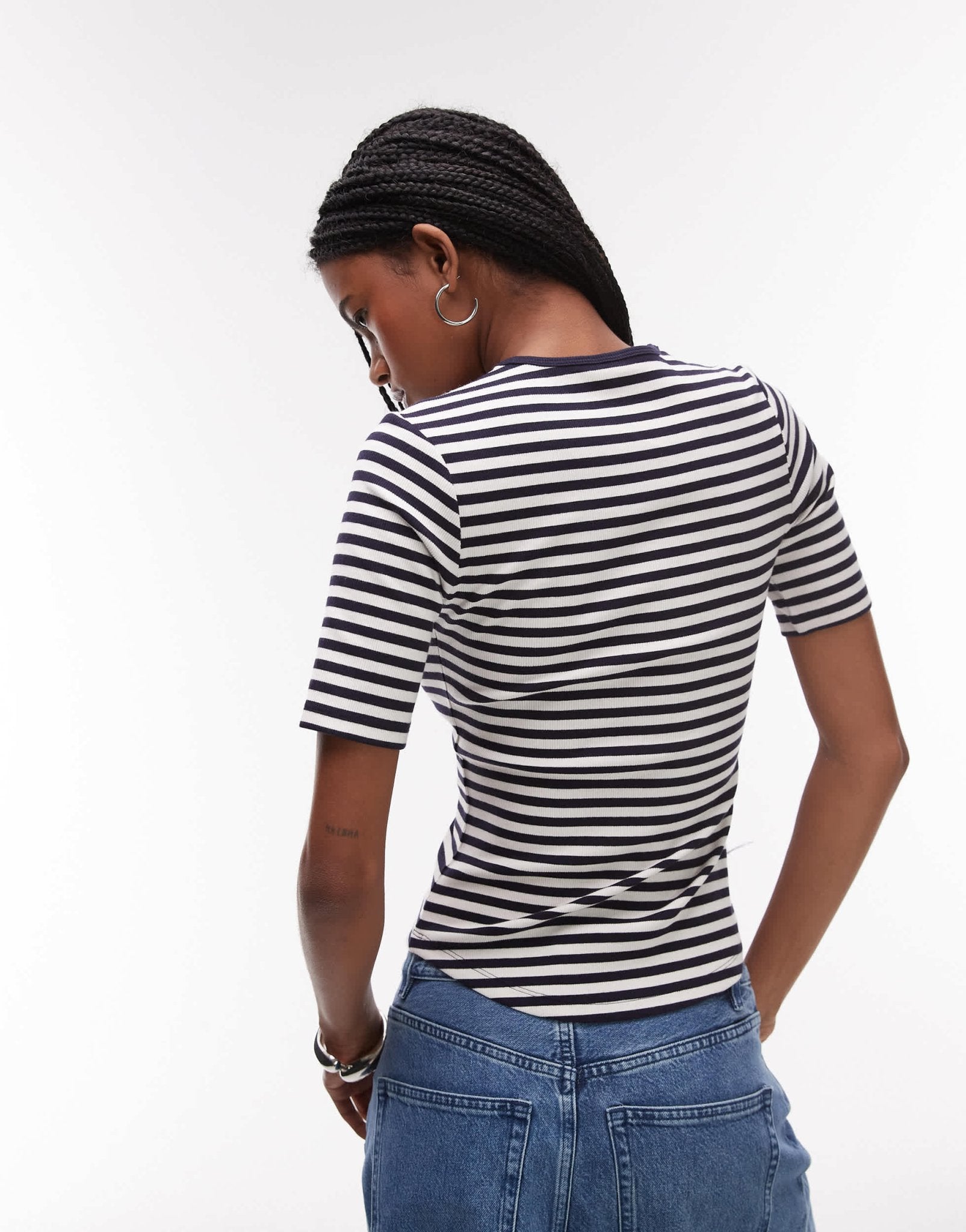 ARKET jersey ribbed t-shirt top with scoop neck in blue stripes - ASOS Sample Sale