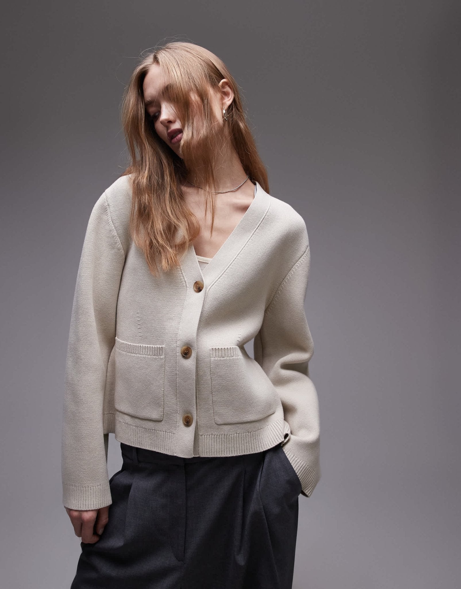 ARKET knitted compact milano stich cardigan with pockets in beige - ASOS Sample Sale