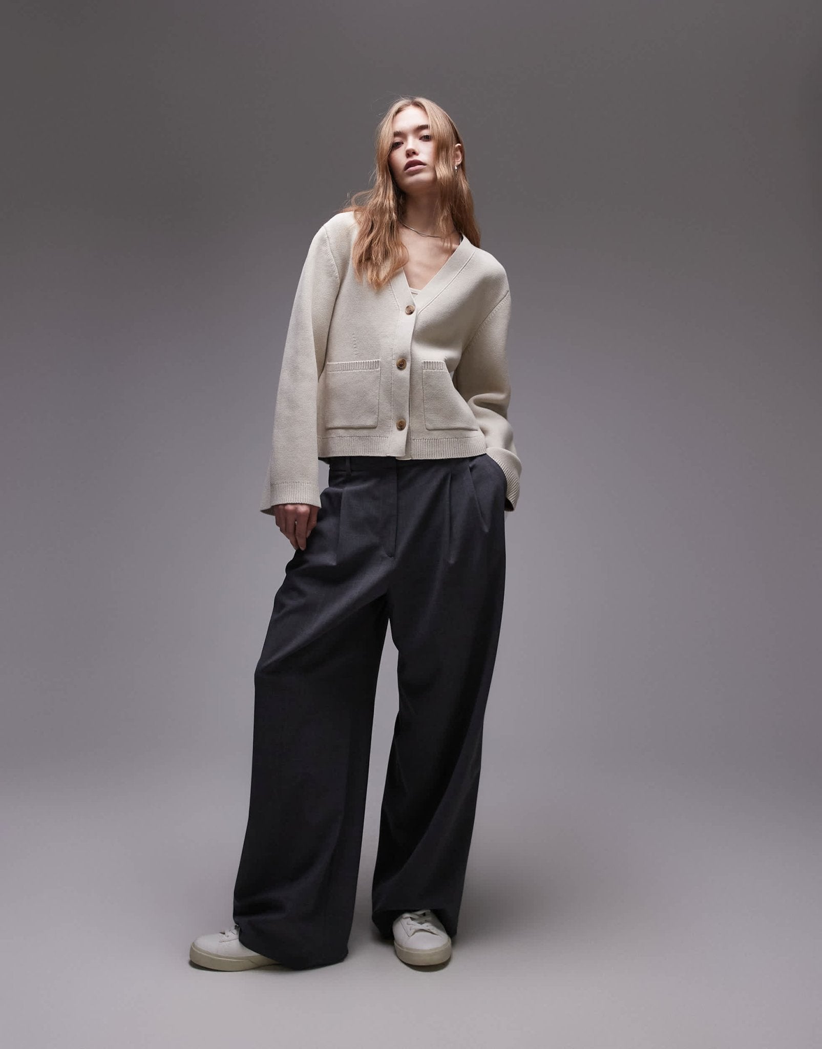 ARKET knitted compact milano stich cardigan with pockets in beige - ASOS Sample Sale