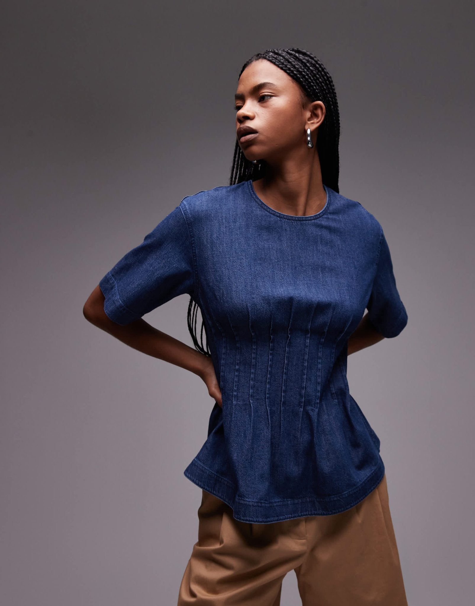 ARKET lightweight denim blouse with pleated bodice in mid wash blue - ASOS Sample Sale