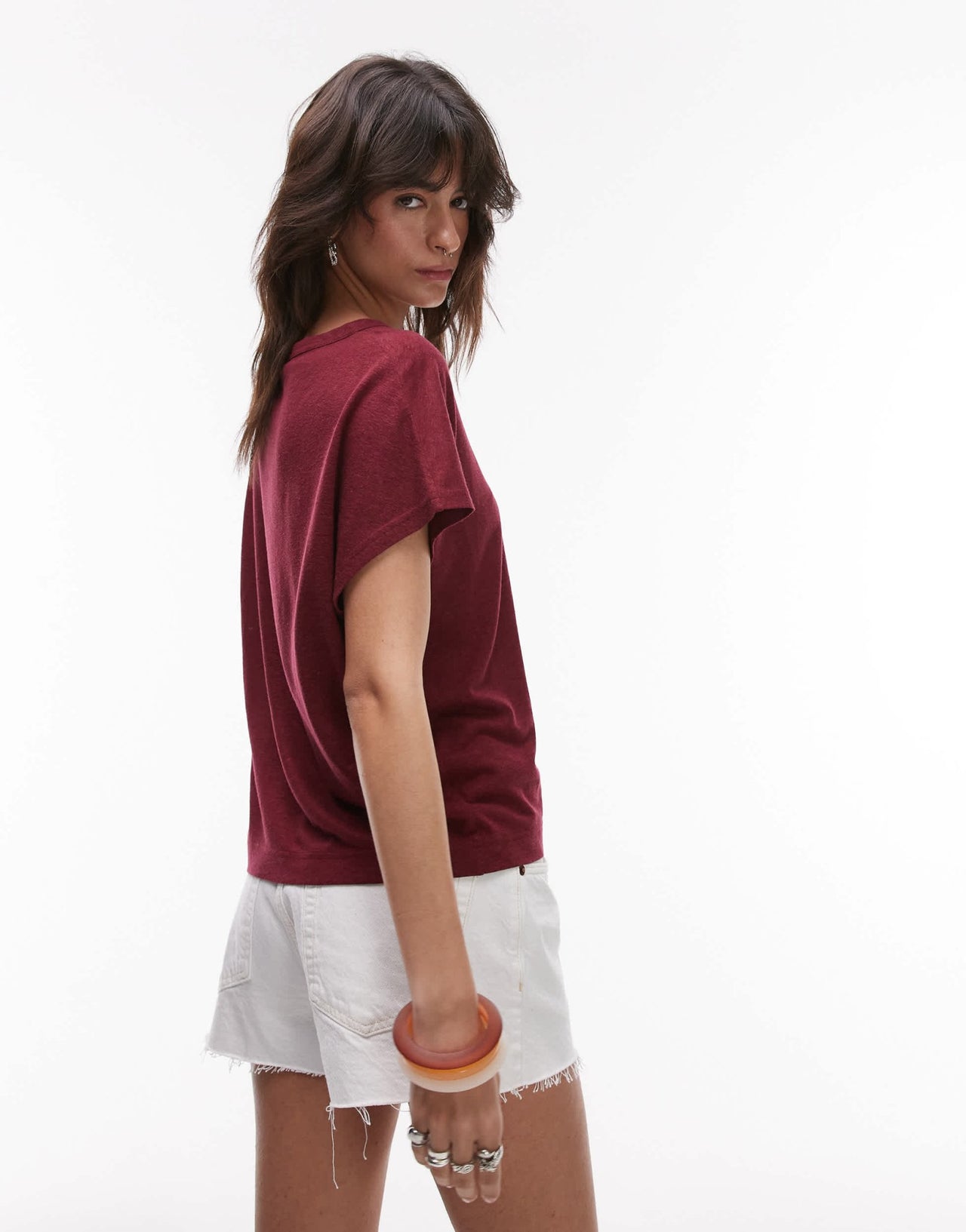 ARKET linen blend t-shirt with cap sleeves in burgundy wine - ASOS Sample Sale
