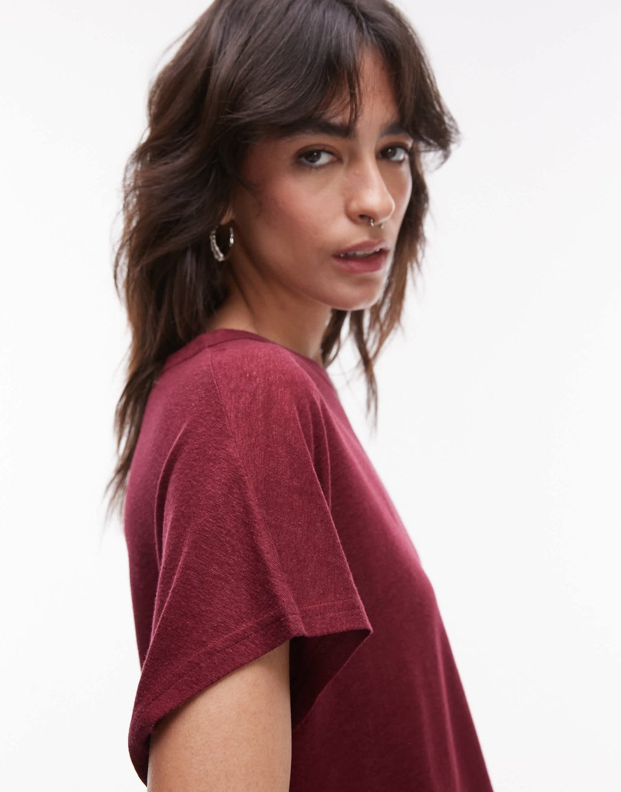ARKET linen blend t-shirt with cap sleeves in burgundy wine - ASOS Sample Sale