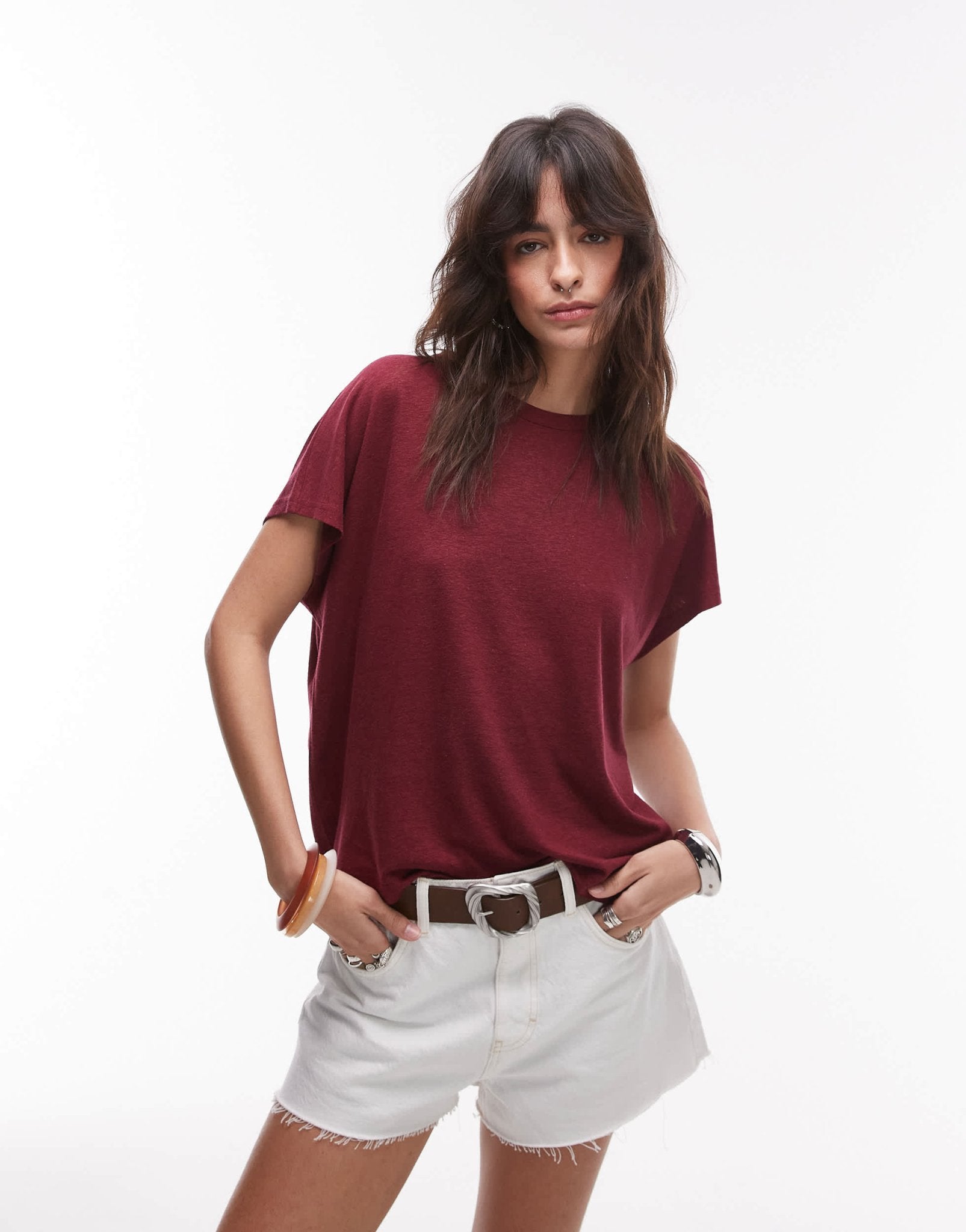 ARKET linen blend t-shirt with cap sleeves in burgundy wine - ASOS Sample Sale