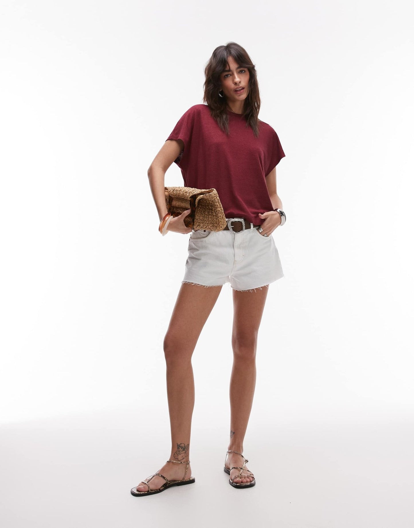 ARKET linen blend t-shirt with cap sleeves in burgundy wine - ASOS Sample Sale
