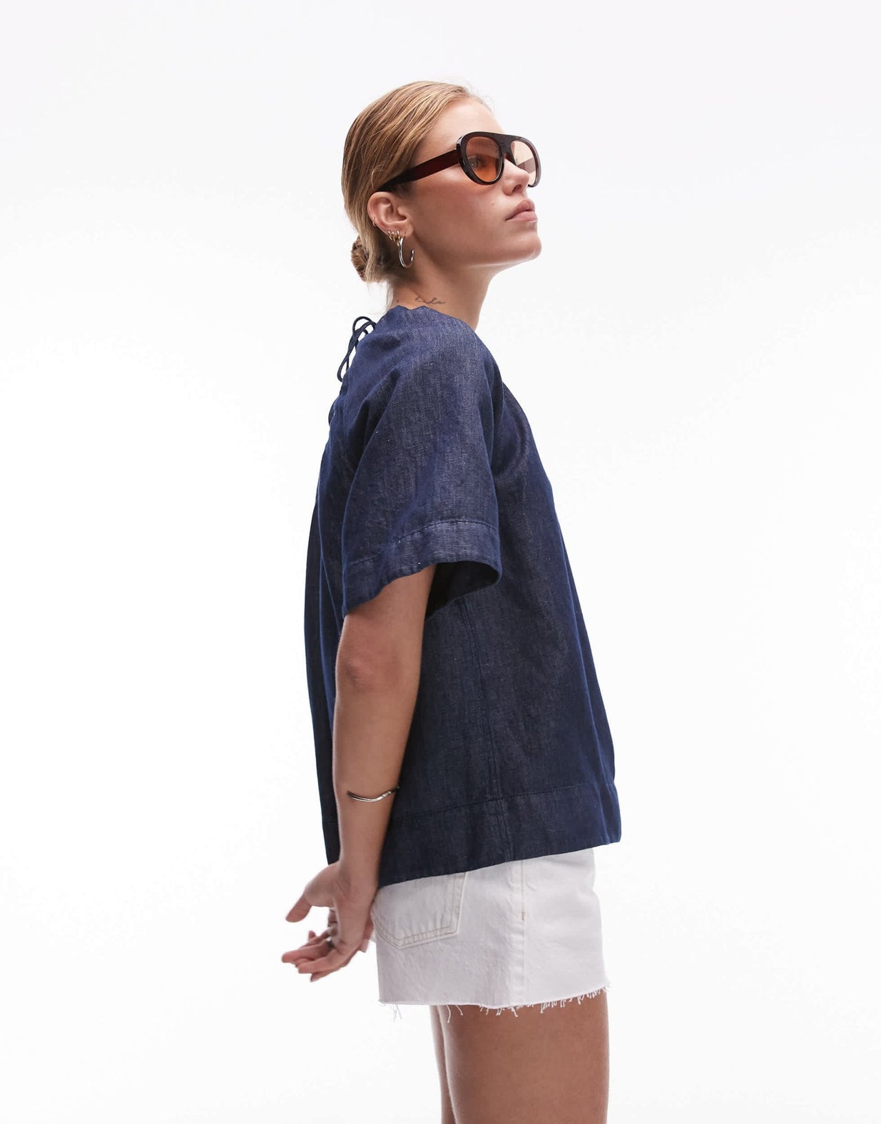 ARKET linen denim top with volume sleeves in clean indigo blue - ASOS Sample Sale