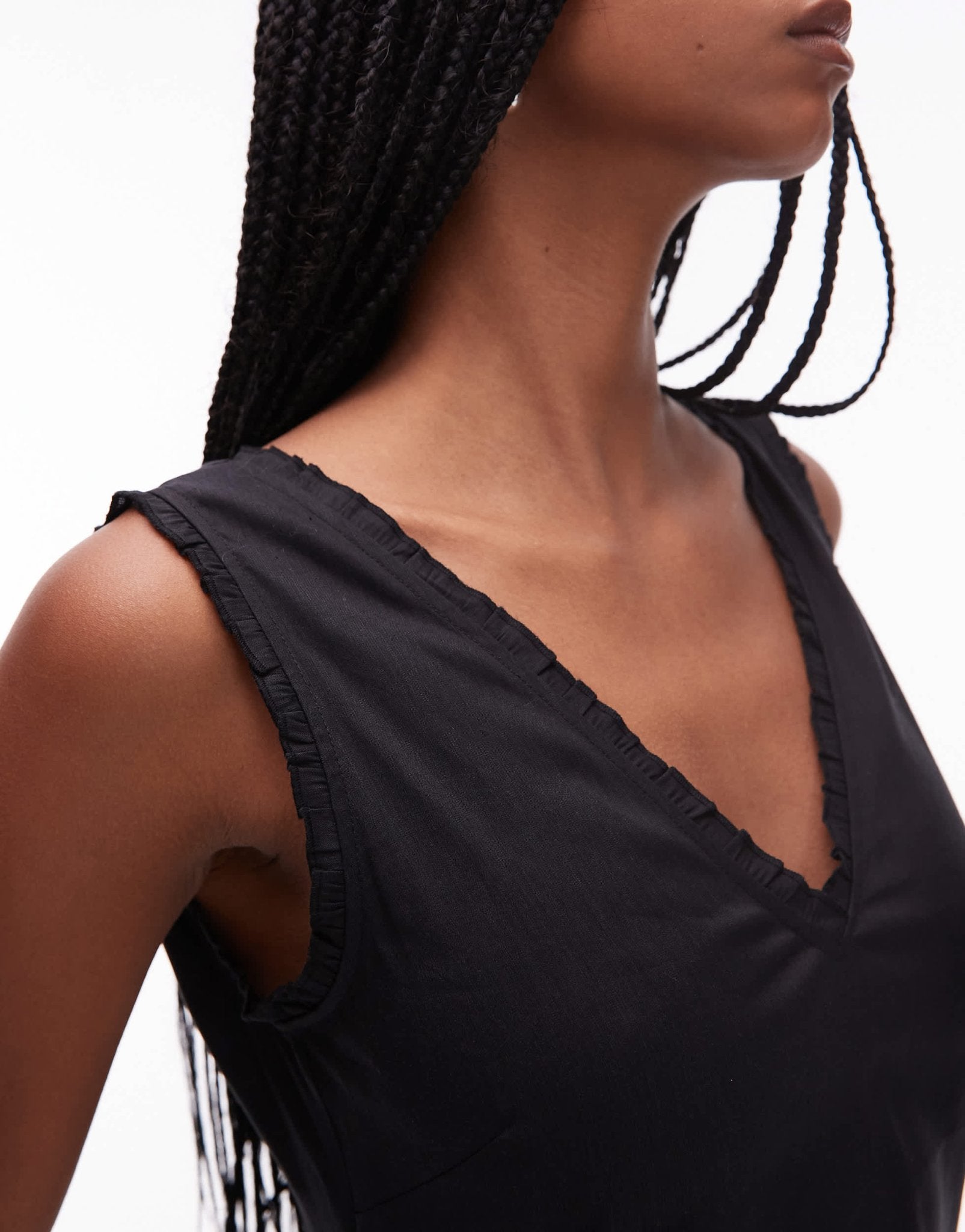 ARKET linen rich v-neck midi shift dress with frill trim in black - ASOS Sample Sale