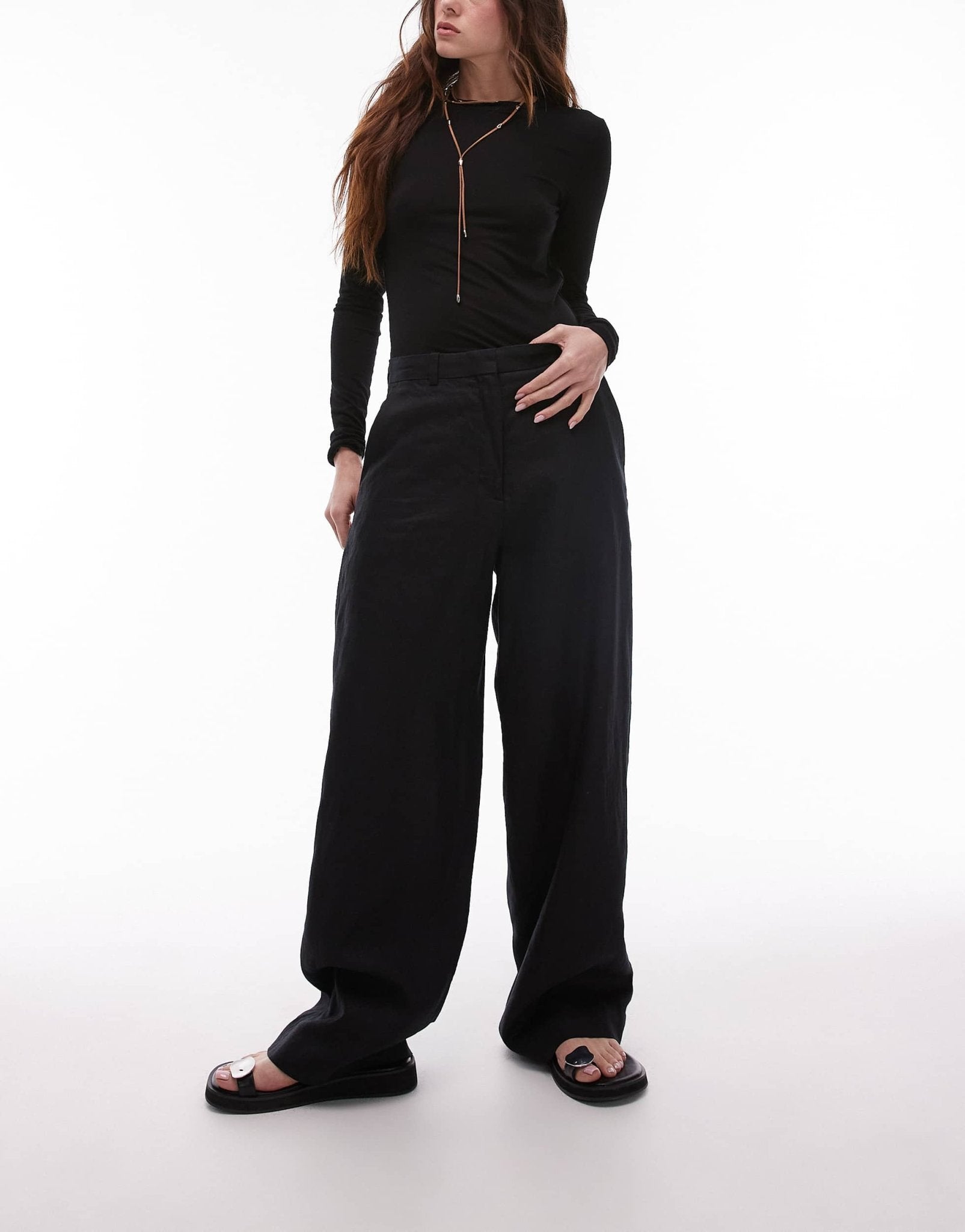 ARKET linen straight leg trousers with flat front in black - ASOS Sample Sale