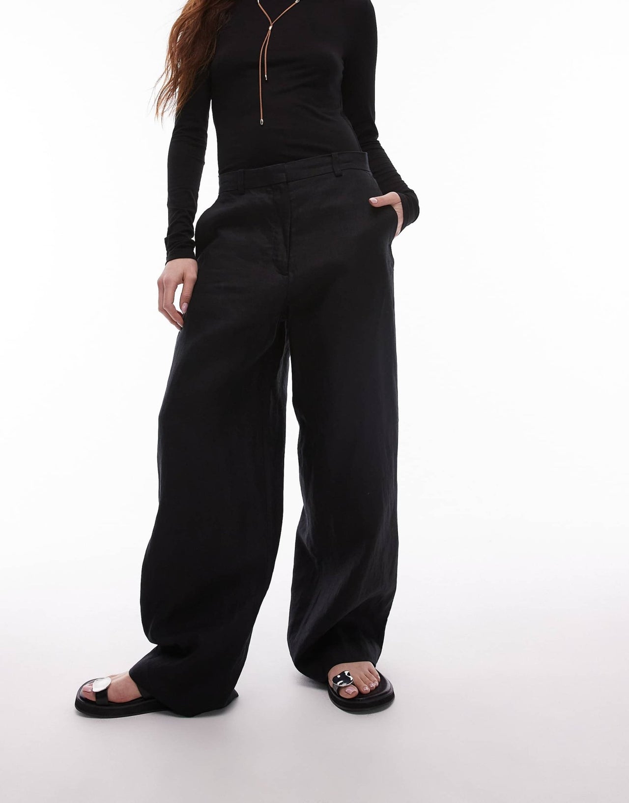 ARKET linen straight leg trousers with flat front in black - ASOS Sample Sale