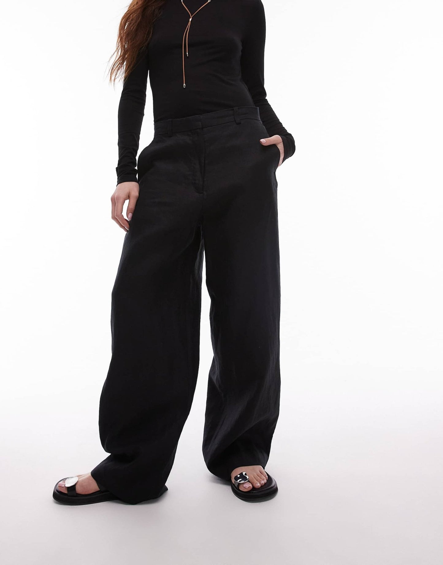 ARKET linen straight leg trousers with flat front in black - ASOS Sample Sale