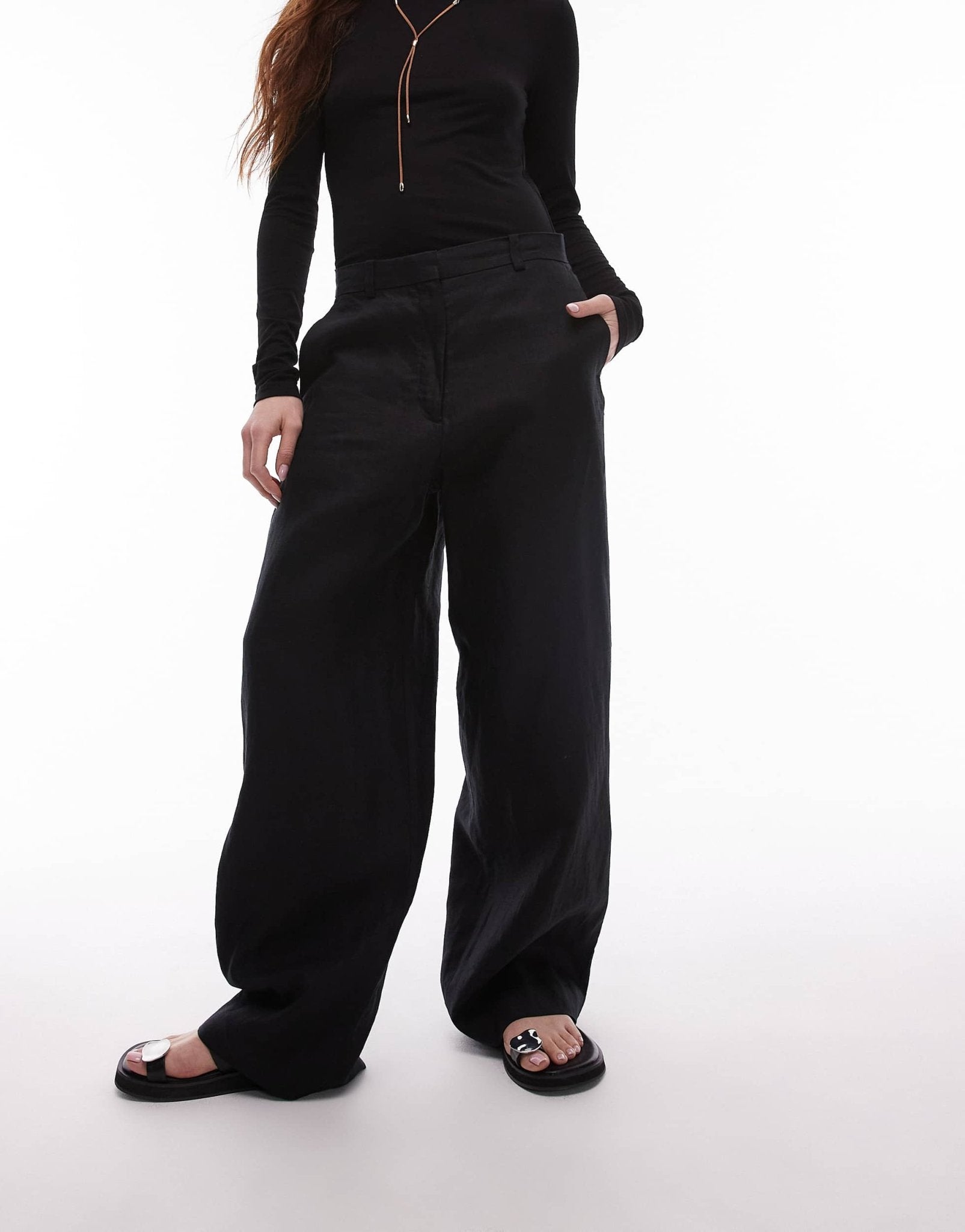 ARKET linen straight leg trousers with flat front in black - ASOS Sample Sale