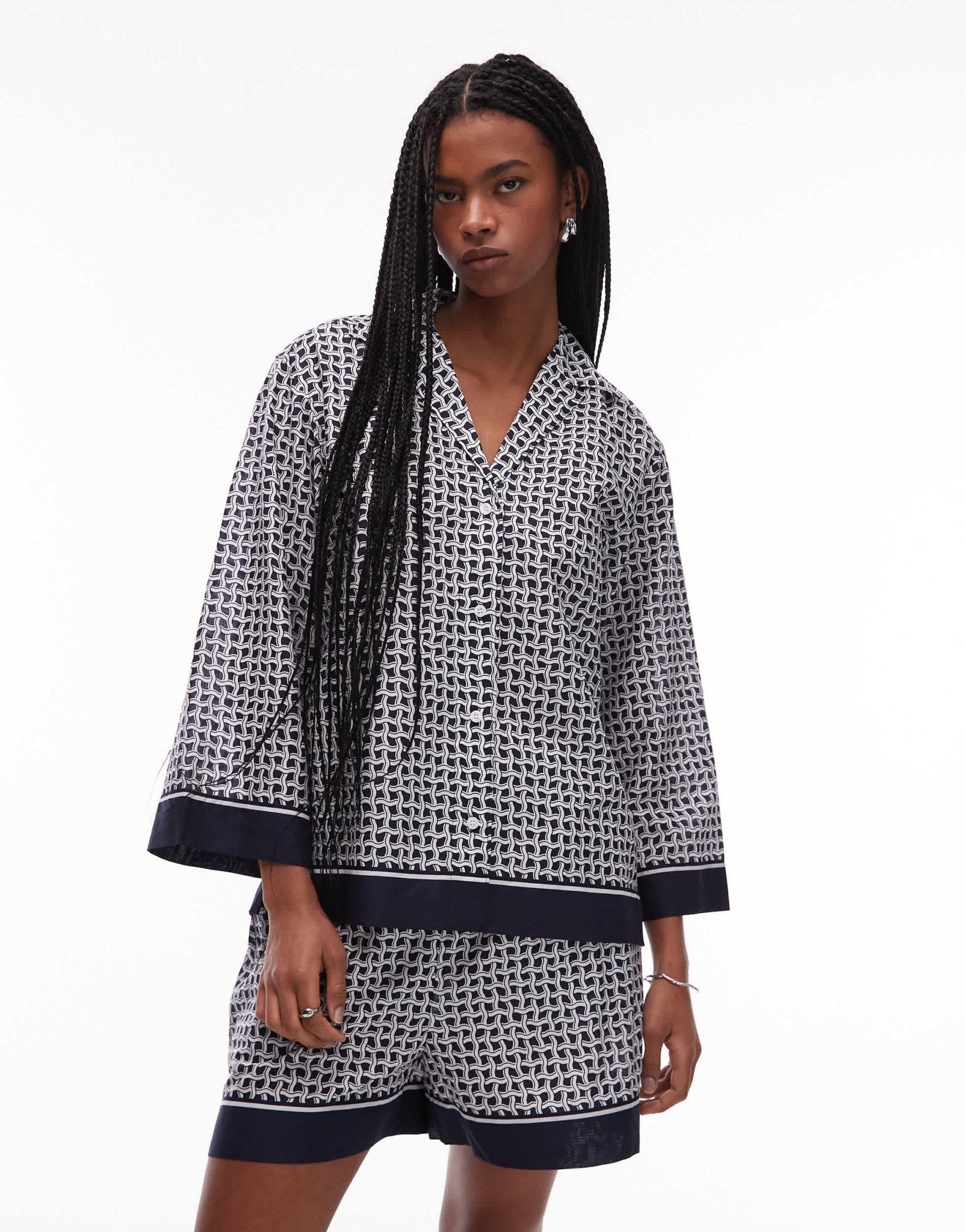 ARKET loose fit beach shirt with revere collar in blue abstract tile print - ASOS Sample Sale