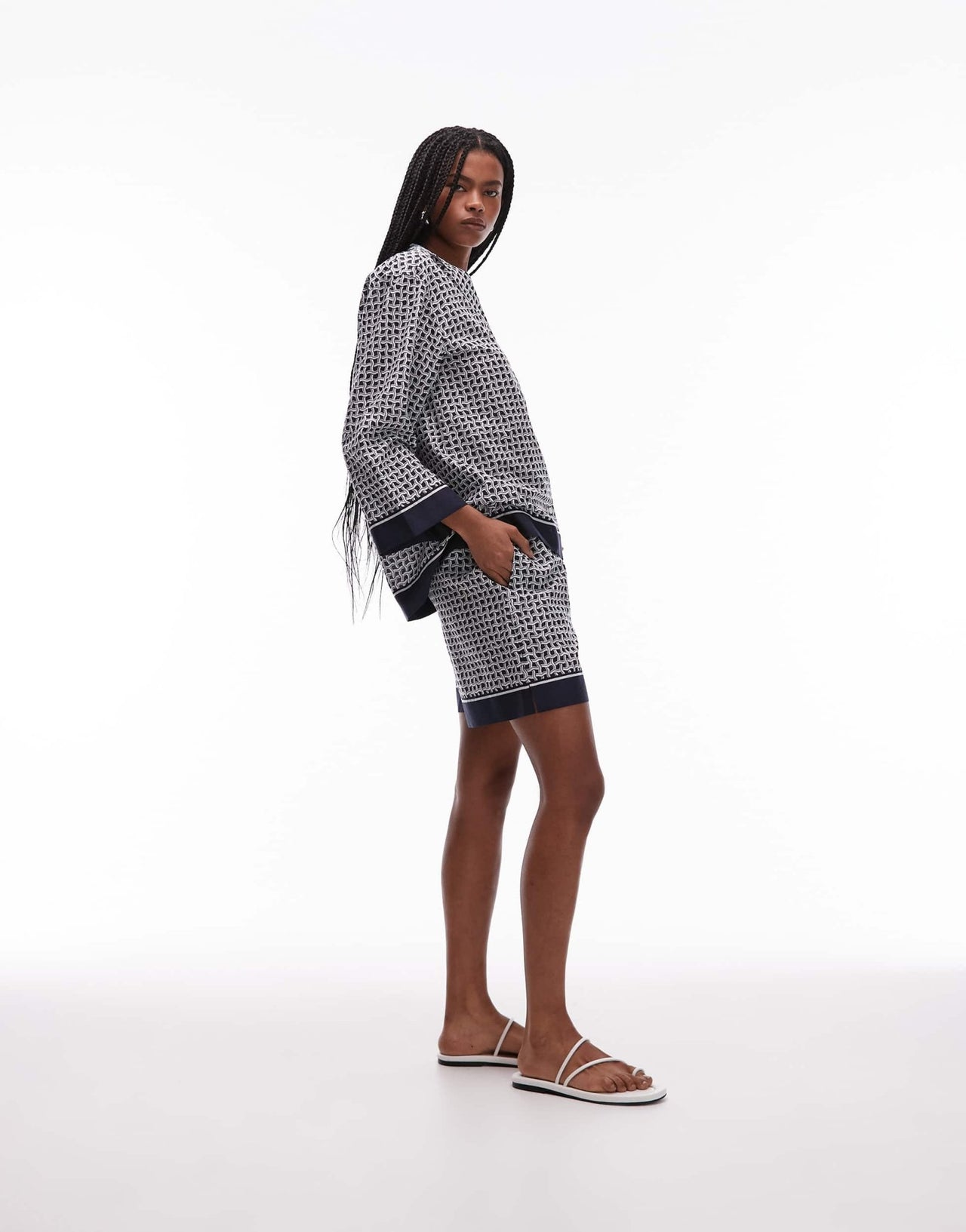ARKET loose fit beach shorts with pull-on waist in blue abstract tile print - ASOS Sample Sale