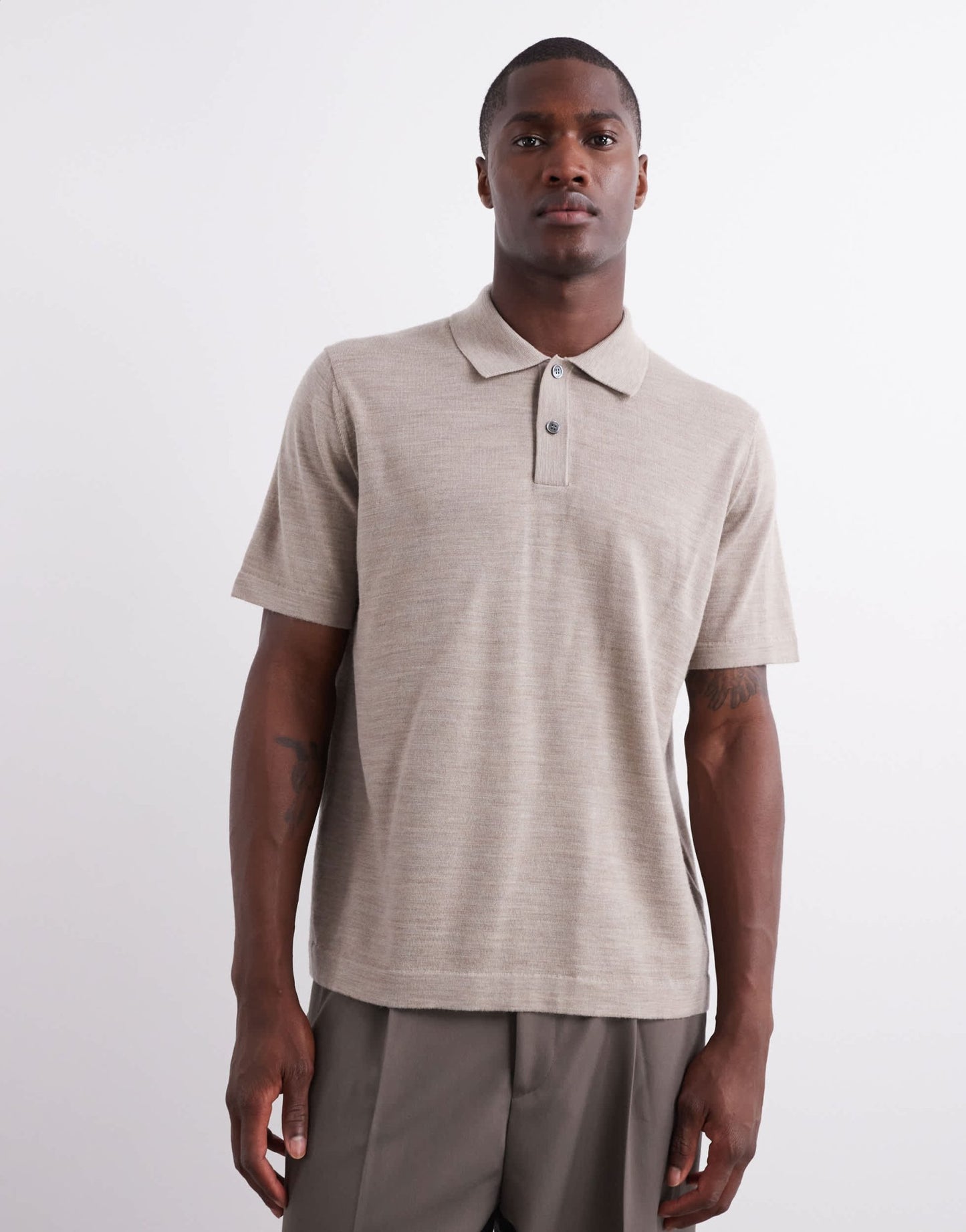 ARKET merino wool knitted short sleeve polo shirt in light beige - ASOS Sample Sale