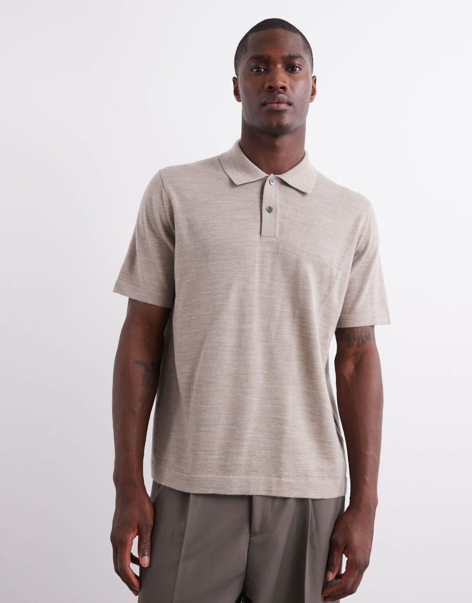 ARKET merino wool knitted short sleeve polo shirt in light beige - ASOS Sample Sale