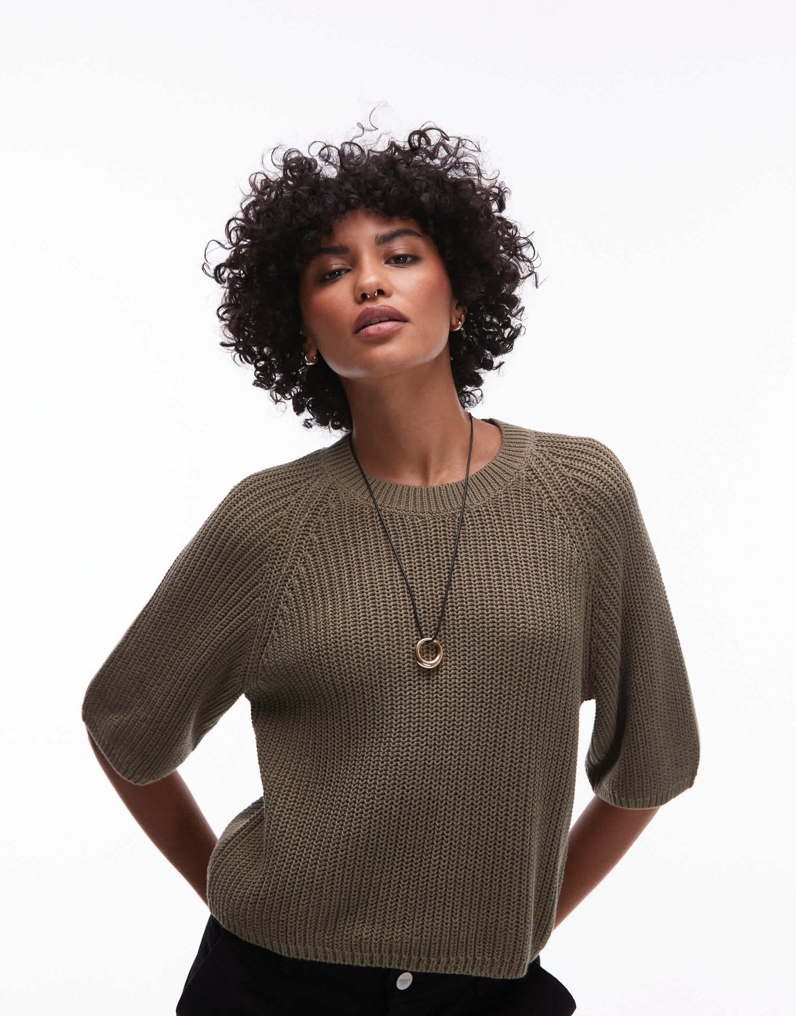 ARKET open knit short sleeve sweater in khaki - ASOS Sample Sale