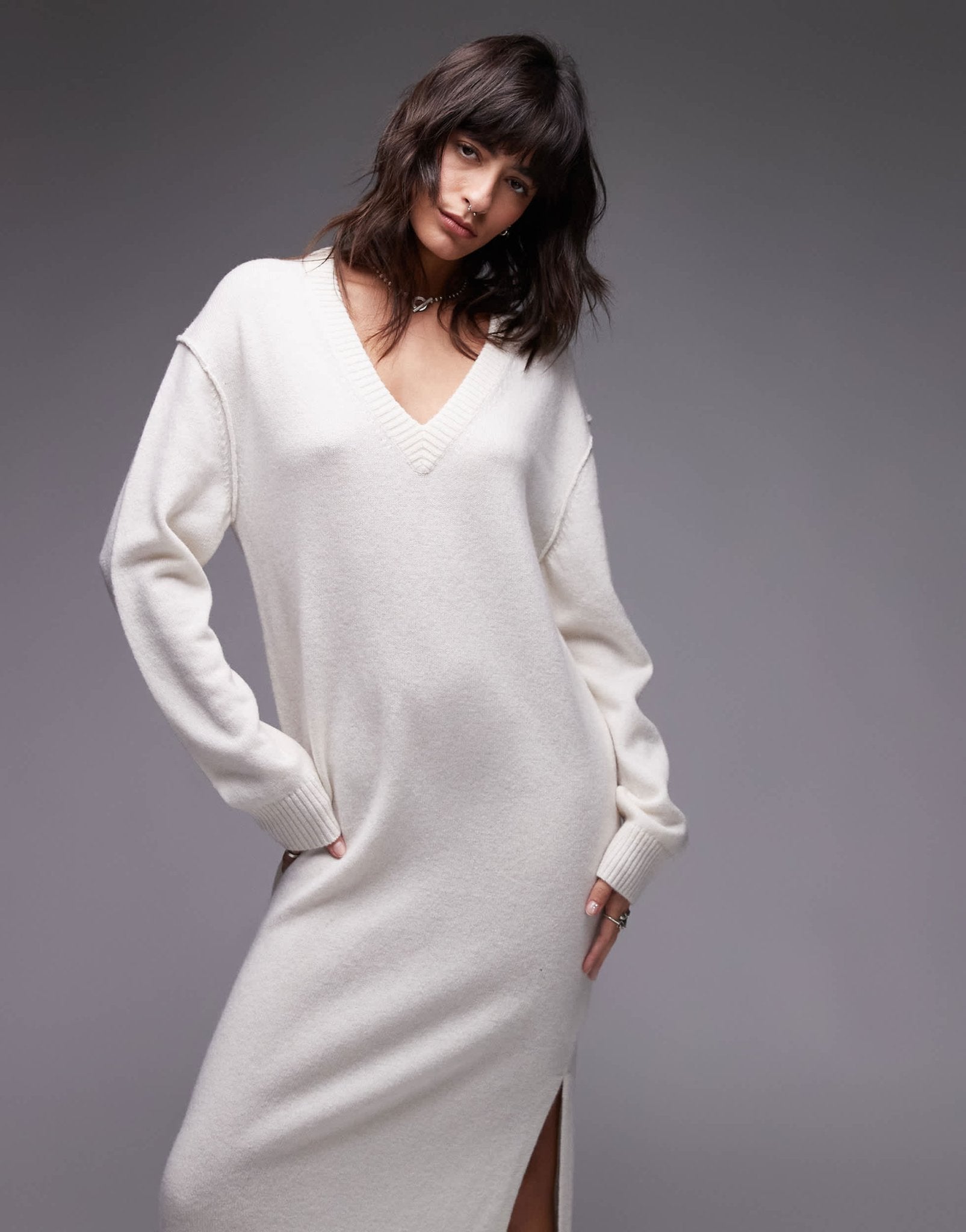 ARKET oversized knitted midaxi dress with side splits in off - white - ASOS Sample Sale