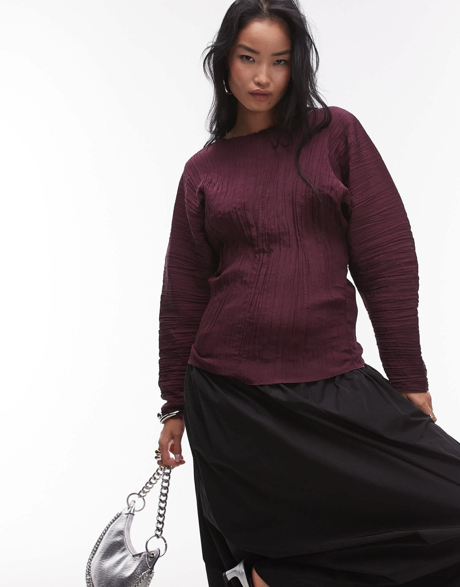 ARKET plisse top with sculptural sleeves in burgundy - ASOS Sample Sale