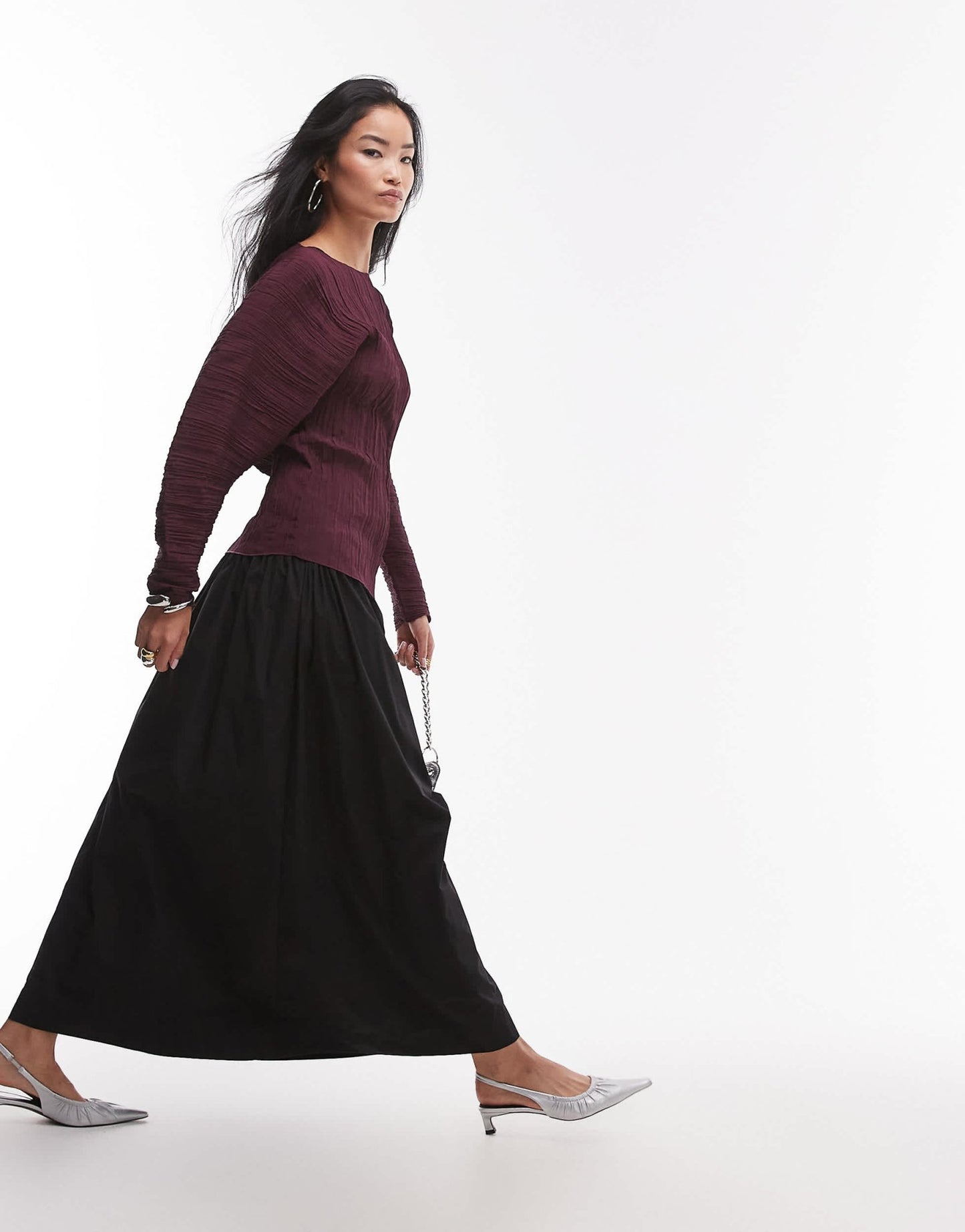ARKET plisse top with sculptural sleeves in burgundy - ASOS Sample Sale