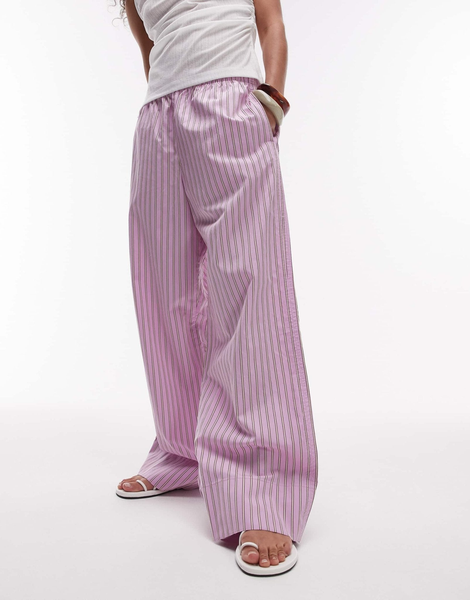 ARKET poplin straight leg trousers with pull - on waist in lilac stripes - ASOS Sample Sale