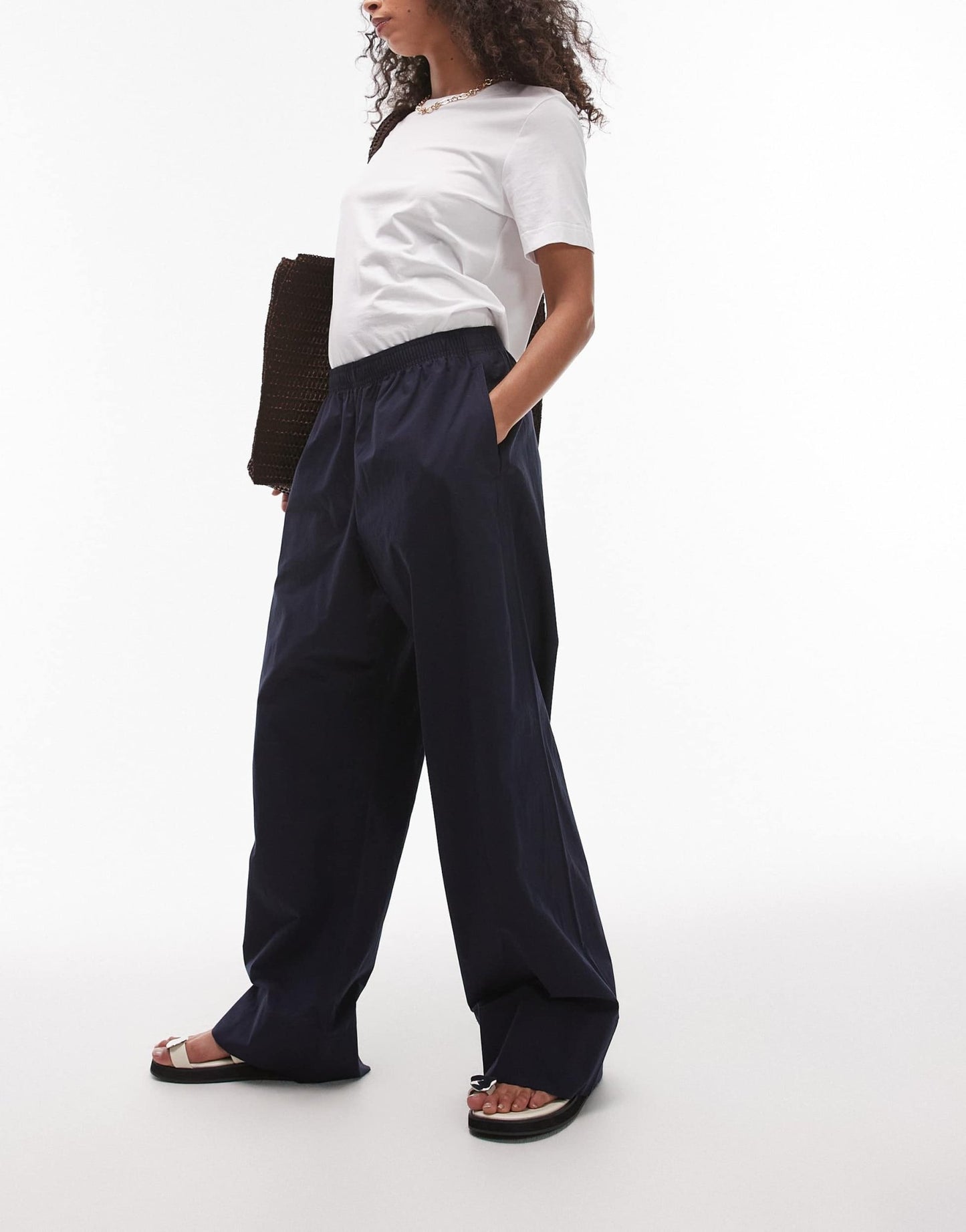 ARKET poplin straight leg trousers with pull - on waist in navy - ASOS Sample Sale