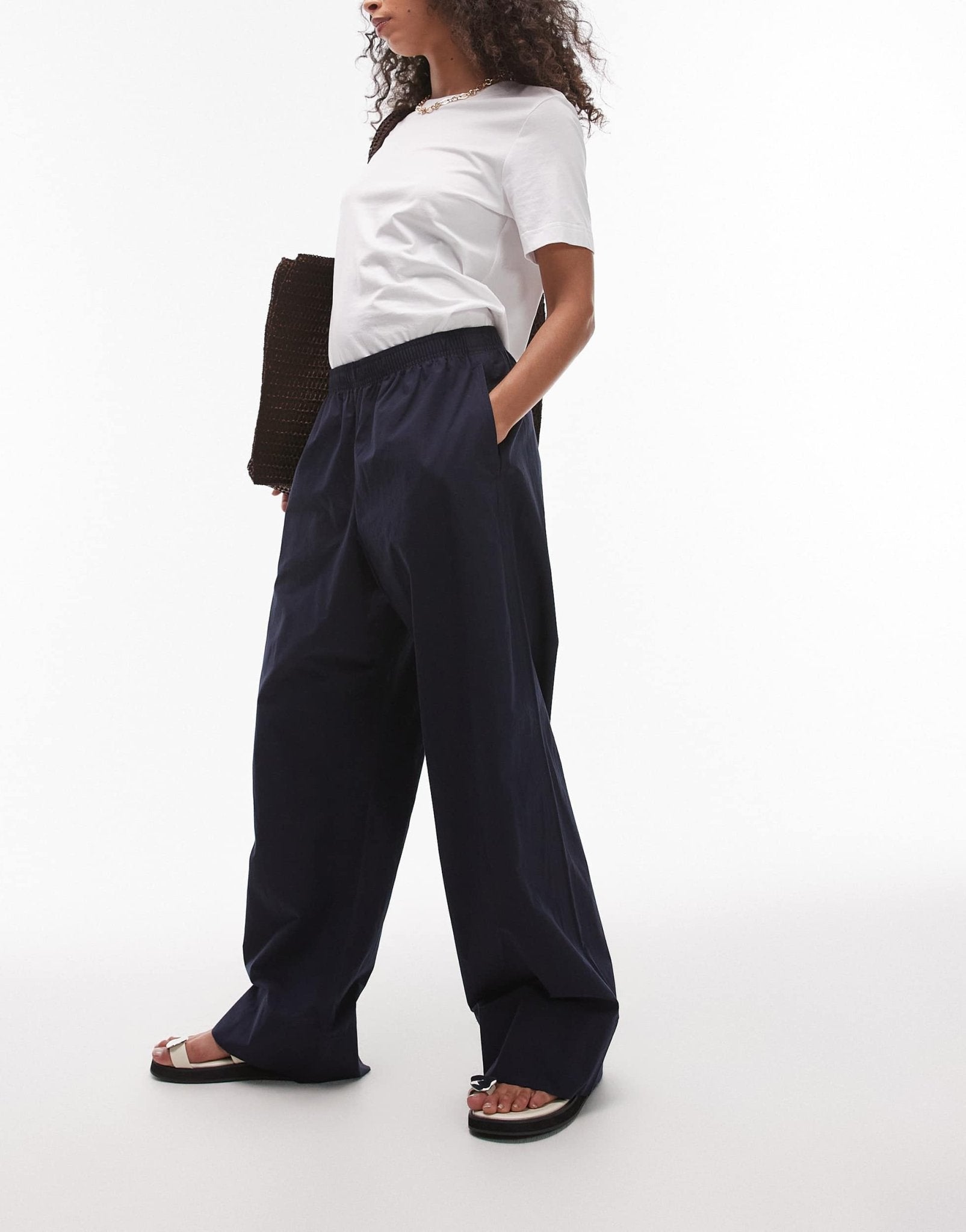 ARKET poplin straight leg trousers with pull - on waist in navy - ASOS Sample Sale